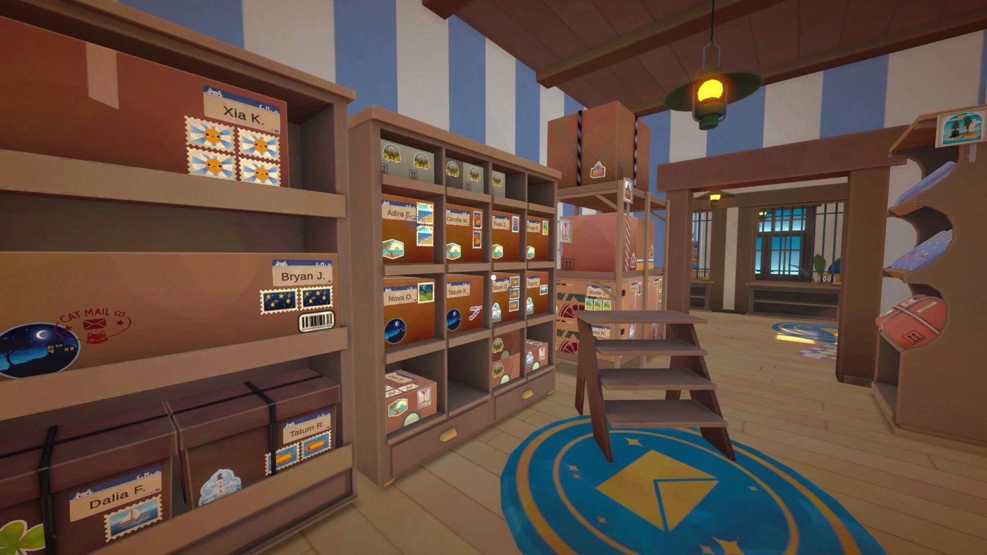 Cat Mail Co.: Sorting labeled parcels on wooden shelves inside a striped-walled post office room.