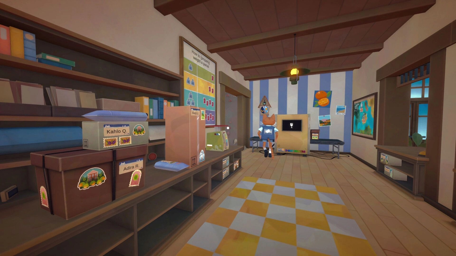 Cat Mail Co.: Cat postal worker faces a vending machine in a mailroom lined with parcel shelves.