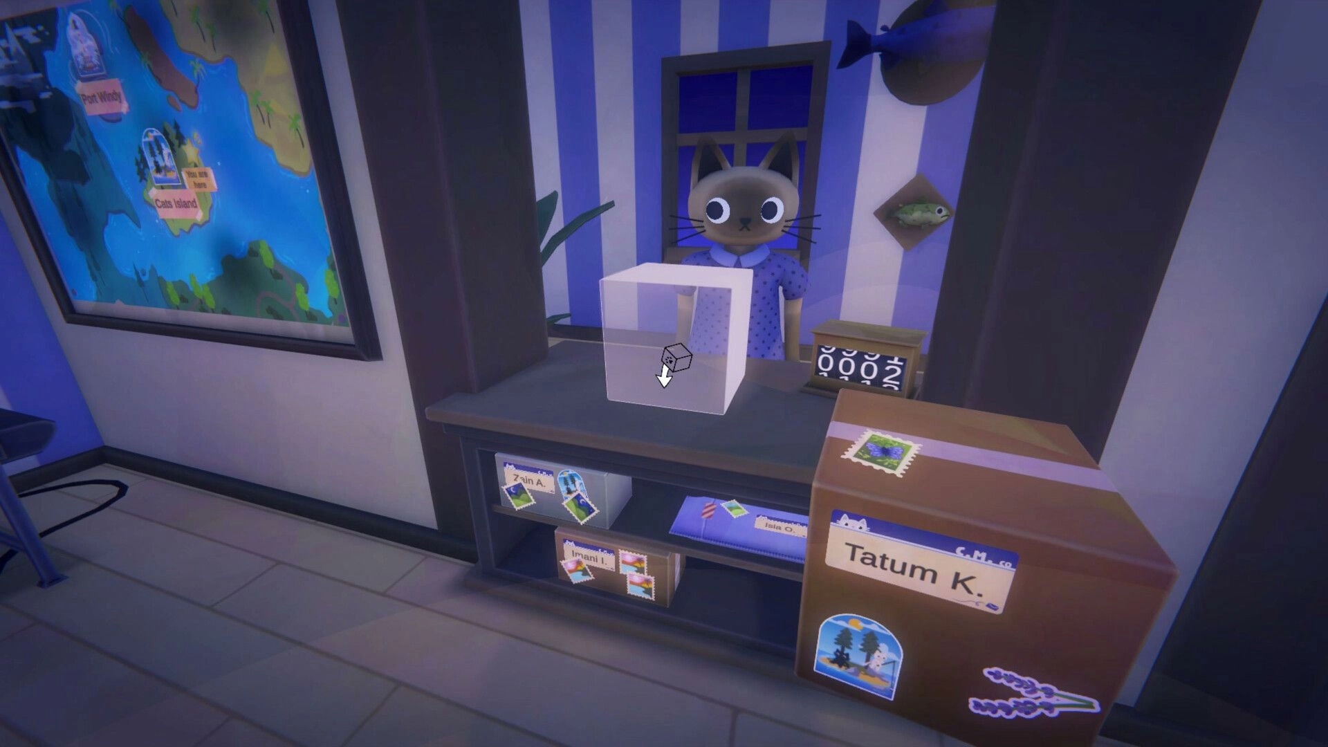 Cat Mail Co.: Cat clerk at post office counter with parcel sorting shelf, map board, and stamp box.