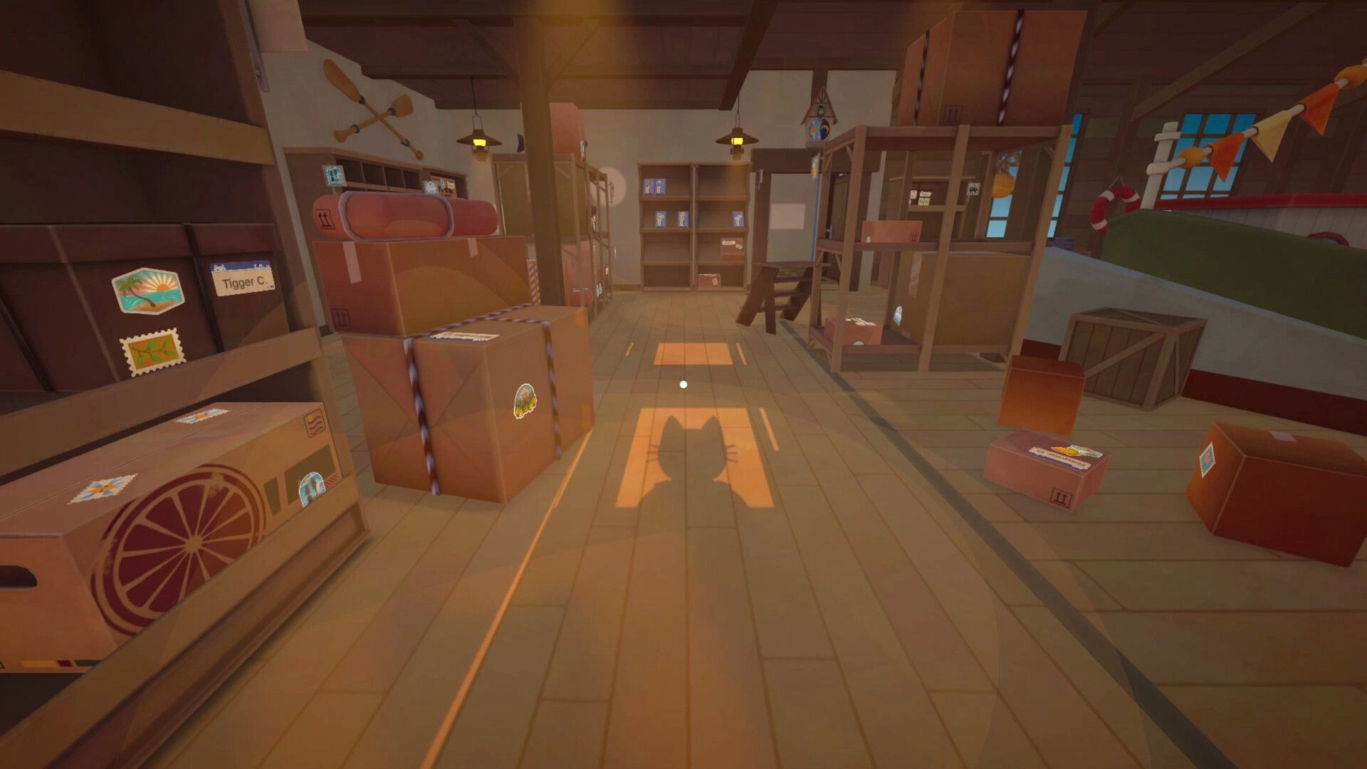 Cat Mail Co.: Sorting parcels among stacked boxes and shelves inside a sunlit wooden post office room.