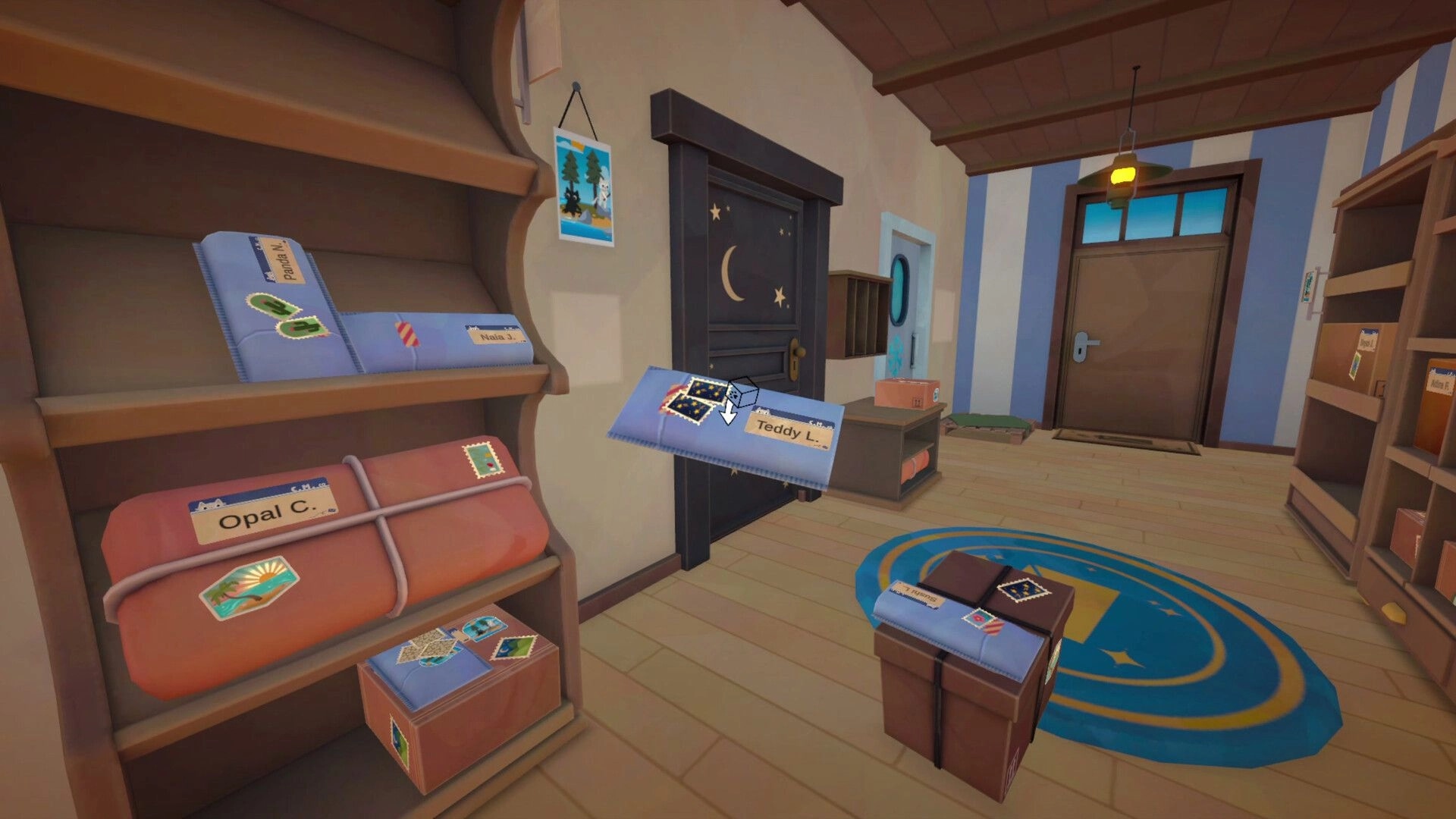 Cat Mail Co.: Sorting labeled parcels on shelves inside a cozy post office hallway with moon door.