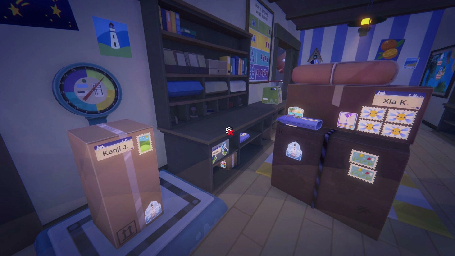 Cat Mail Co.: Sorting labeled parcels and mail tubes on shelves inside a cozy striped post office room.