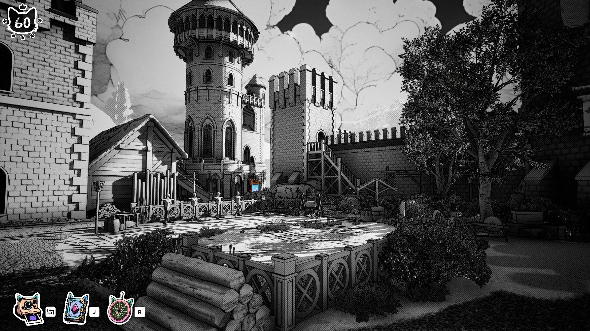 Cat Me If You Can: Exploring castle courtyard with tower and walls, cat counter 60 UI visible.