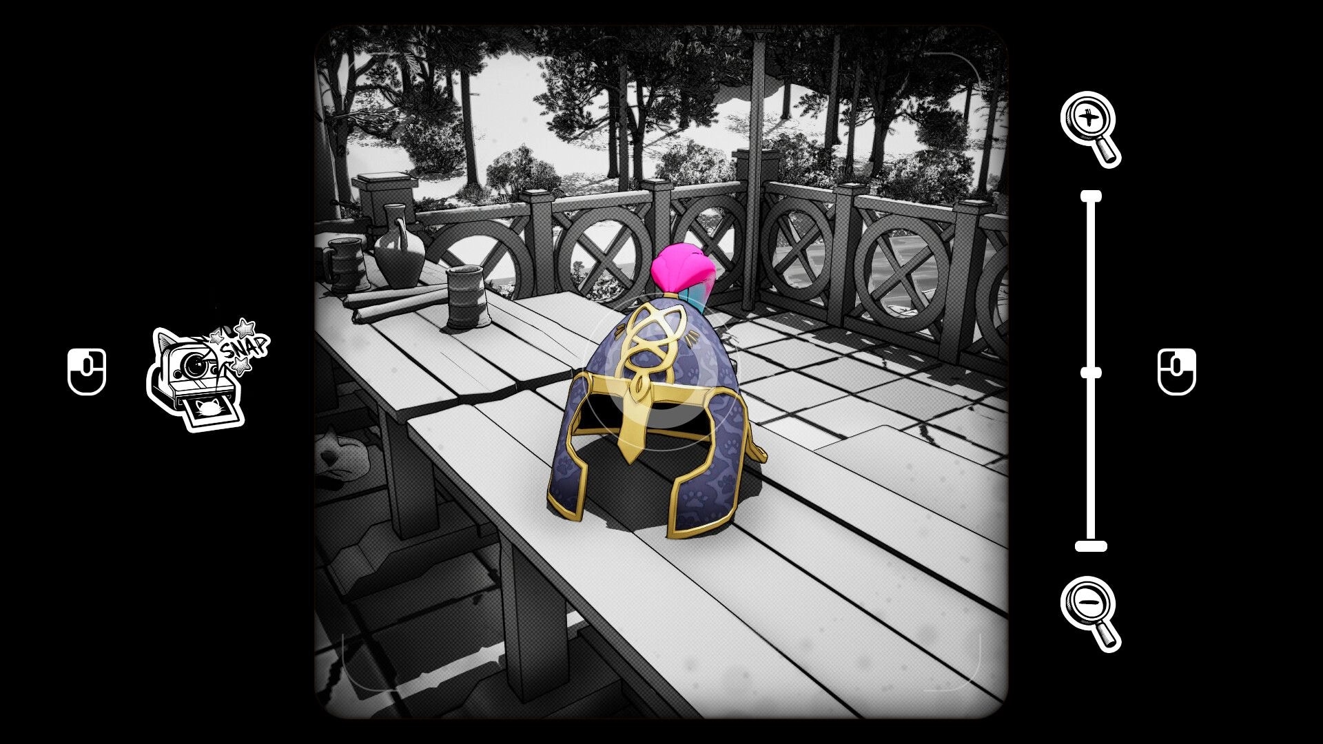 Cat Me If You Can: Camera view aiming at a colorful hat on a table in a grayscale balcony scene.