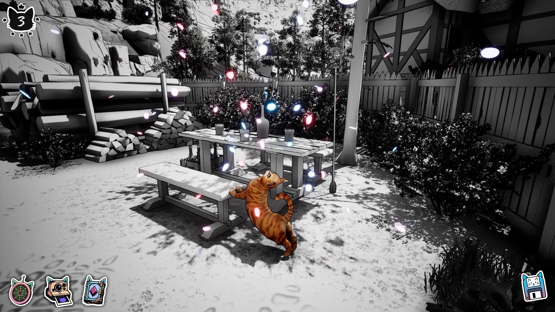 Cat Me If You Can: Orange tabby cat by picnic table in grayscale yard, color sparkles and UI icons visible.