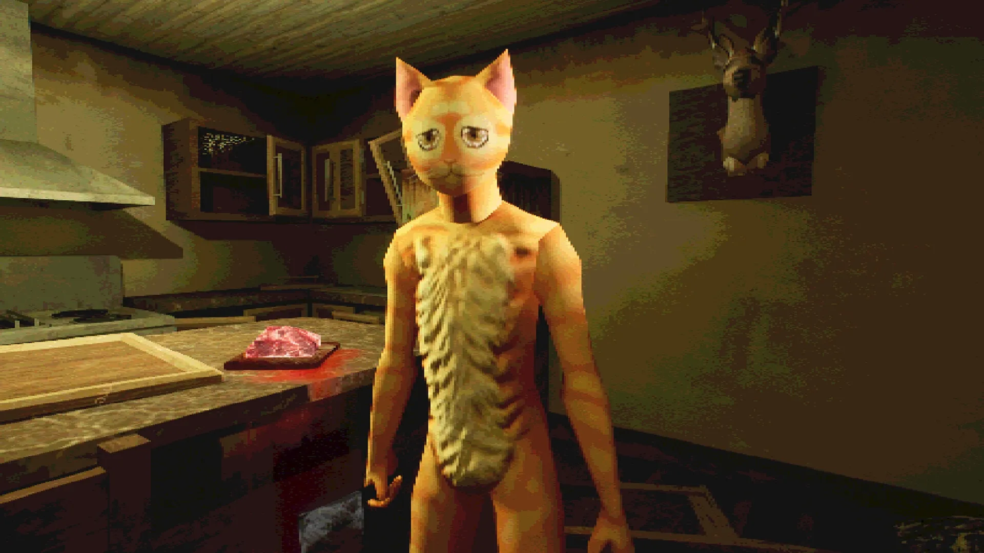 Cat Named Mojave: Catman standing in a dimly lit kitchen with raw meat on the counter, deer head mounted.
