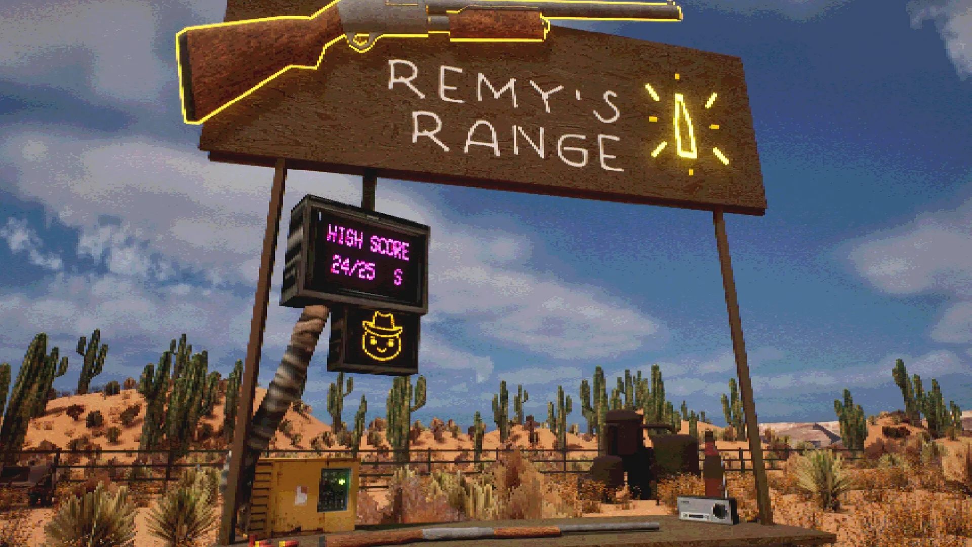 Cat Named Mojave: Remy's Range sign with high score display in desert setting with cacti and hills