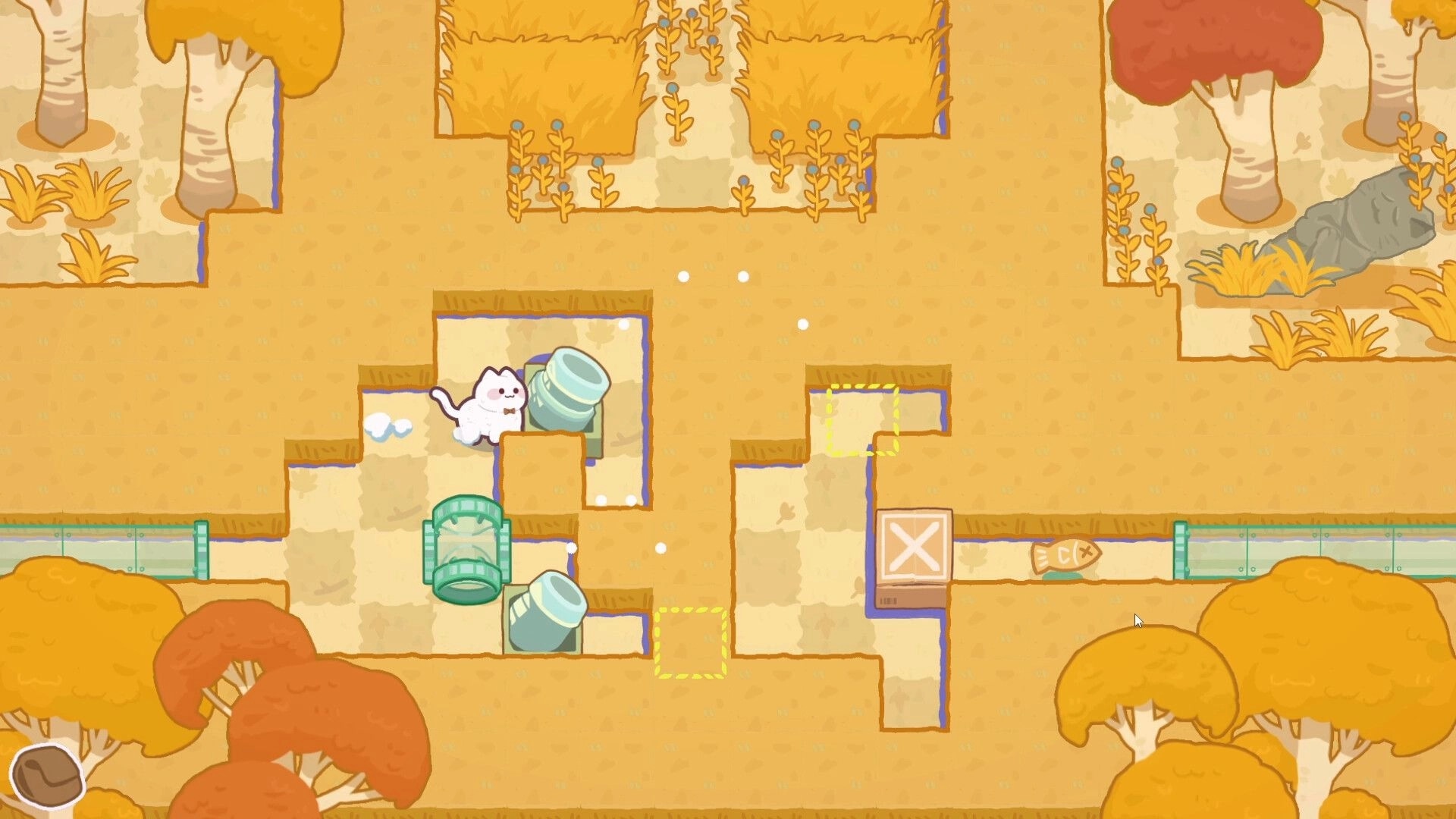 Cat Squeeze: White kitten by pipe cannons in sandy maze, with fish treat and crate near tunnels.
