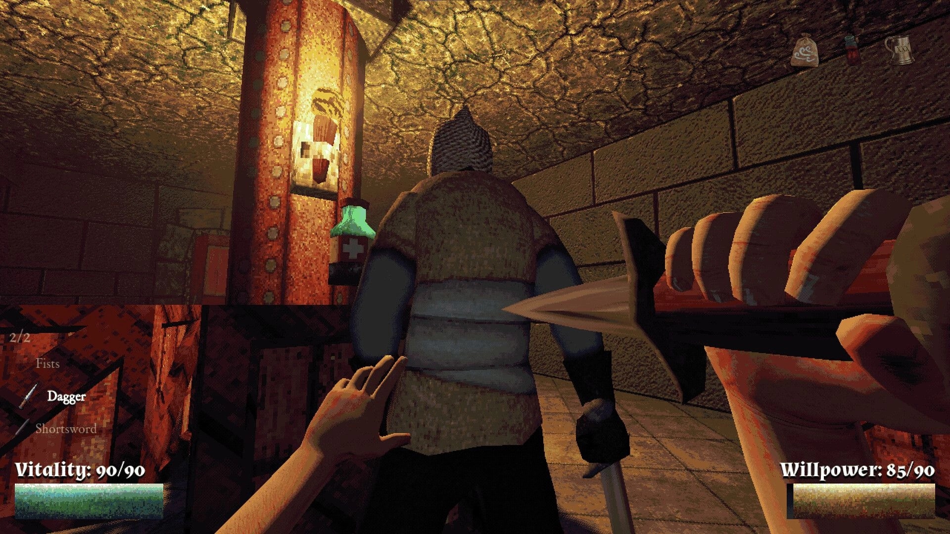 Catacomb: First-person dagger raised behind armored foe in stone corridor with vitality and willpower UI.