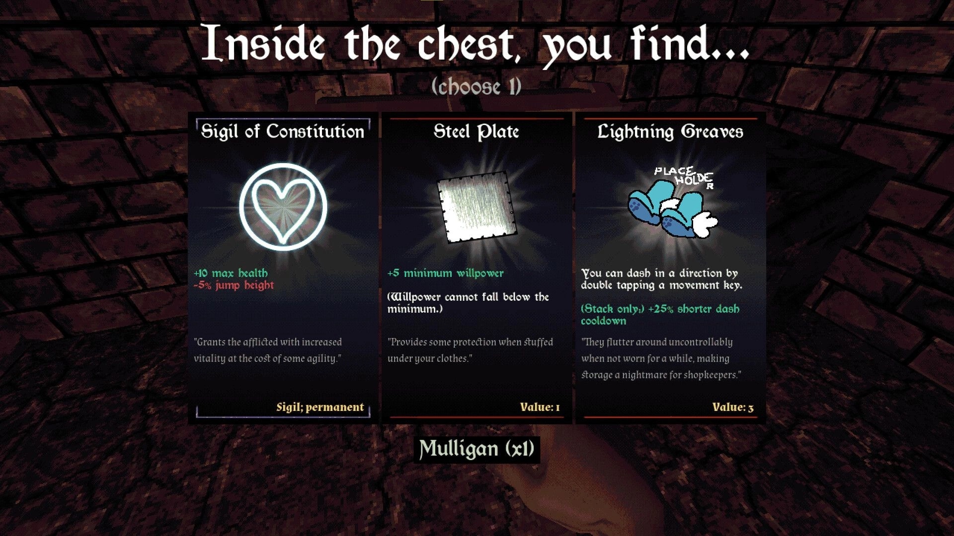 Catacomb: Chest loot choice menu with three artifacts over a dark brick tunnel dungeon backdrop.