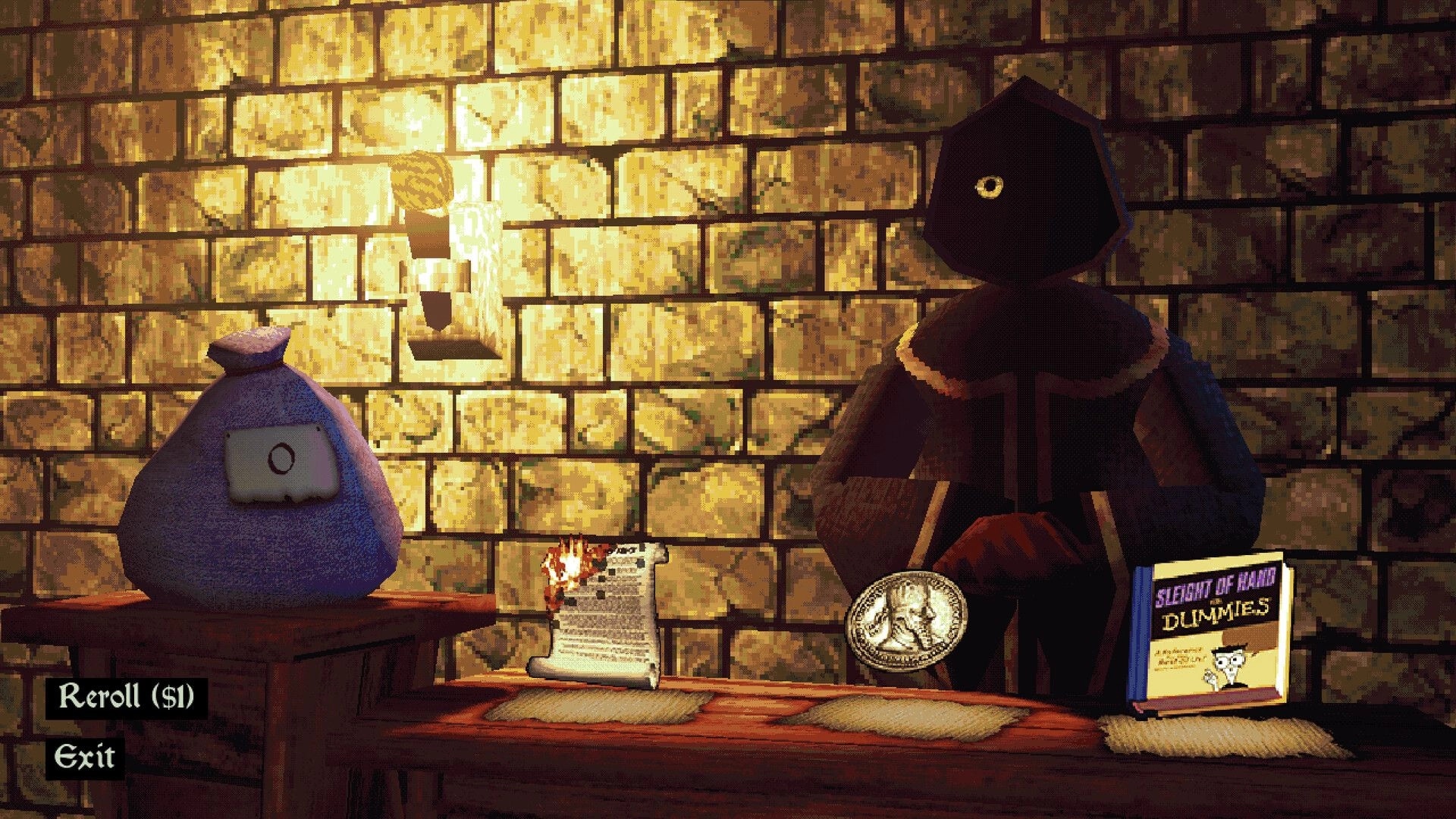 Catacomb: Hooded shopkeeper at a counter with reroll and exit UI in torchlit stone room.