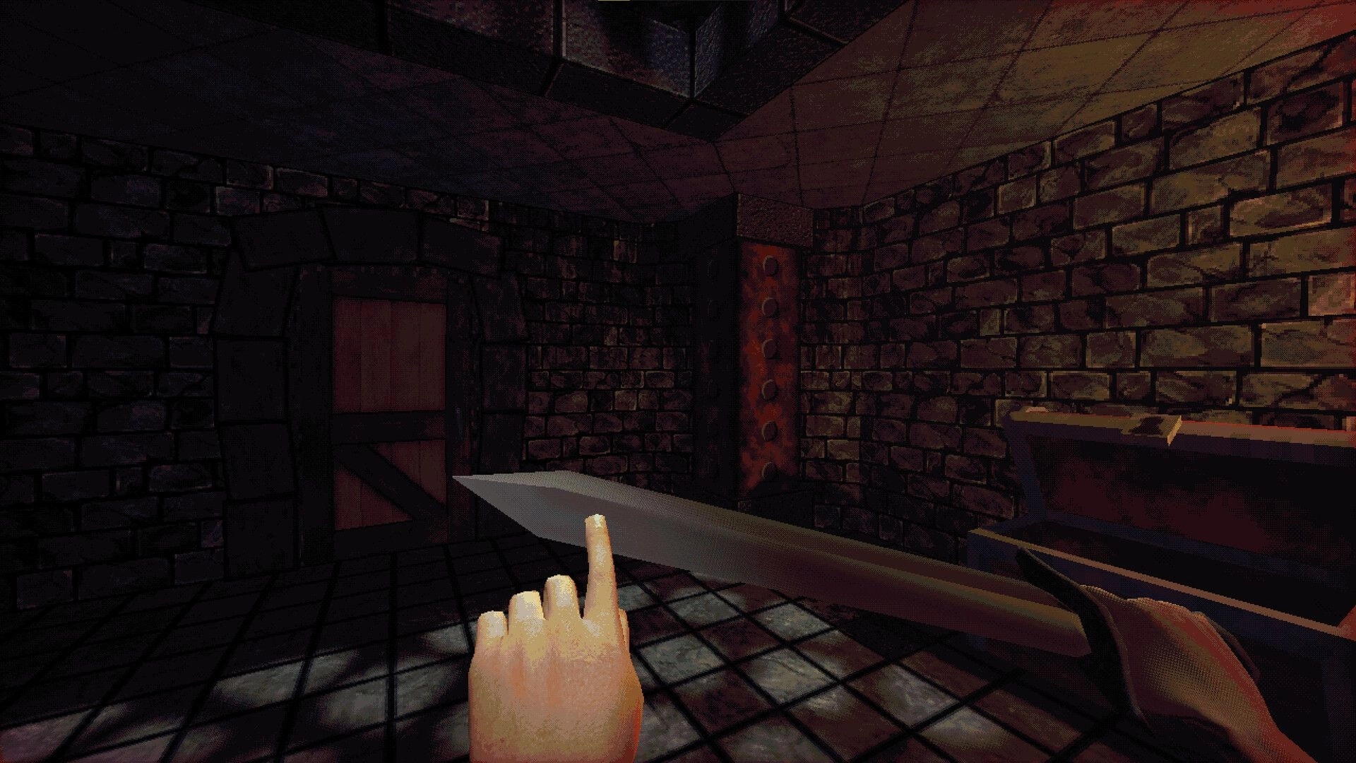 Catacomb: First-person view holding a sword near a wooden door in a dim brick dungeon room.