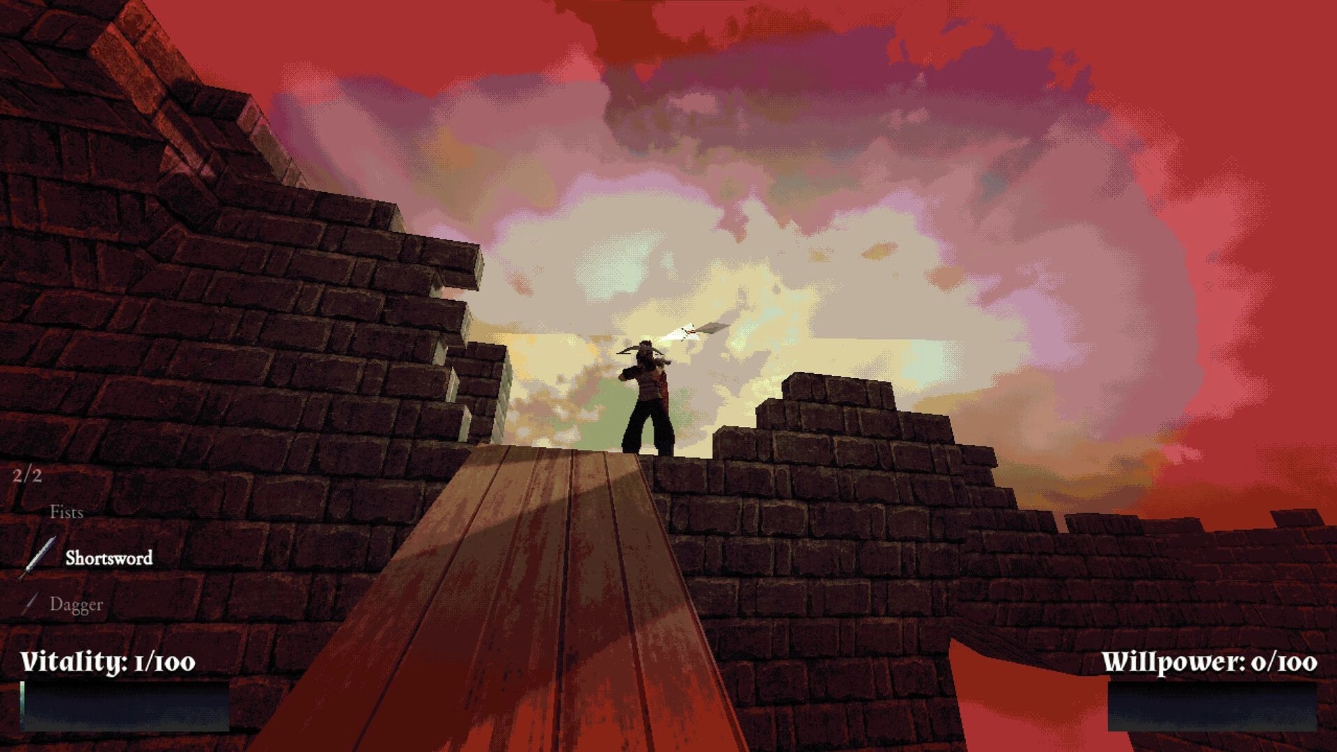 Catacomb: Player aims up a wooden ramp at an enemy on brick ruins under red sky, UI stats shown.