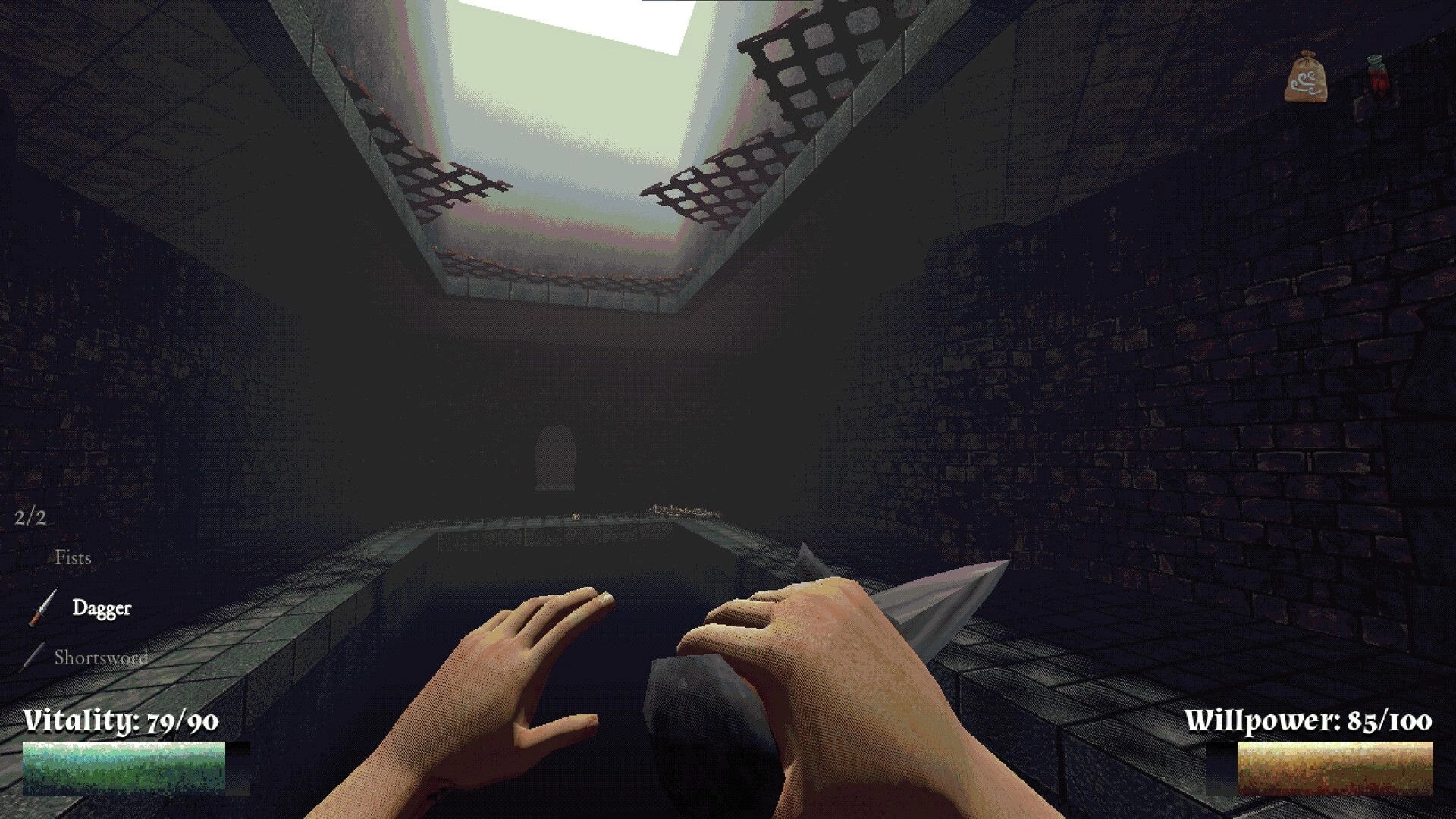 Catacomb: First-person dagger held over dark pool in brick chamber, vitality and willpower HUD visible.