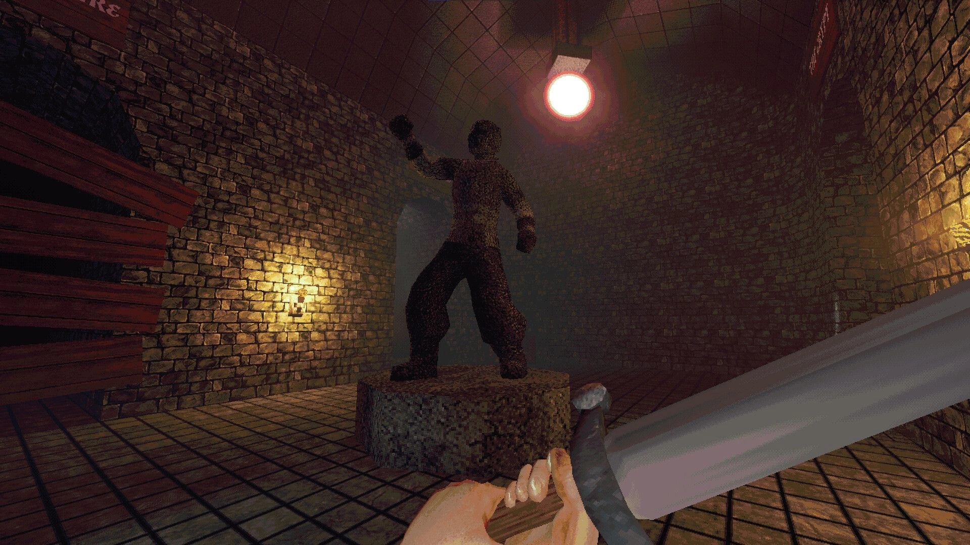 Catacomb: First-person sword raised toward a statue on a pedestal in a dim brick sewer tunnel.