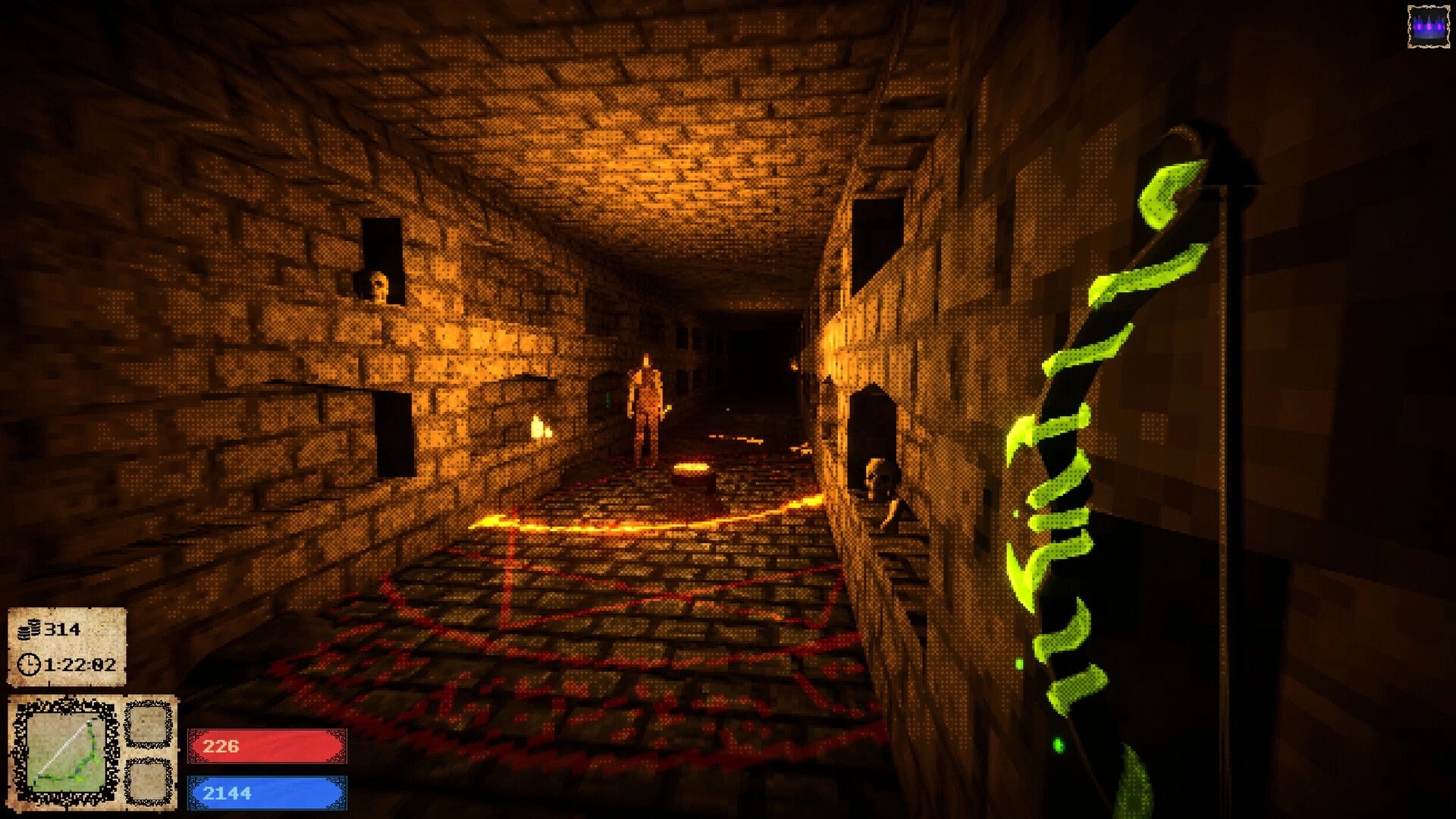 Catacrypt: First-person view in torchlit stone corridor with runes, HUD bars and minimap visible.