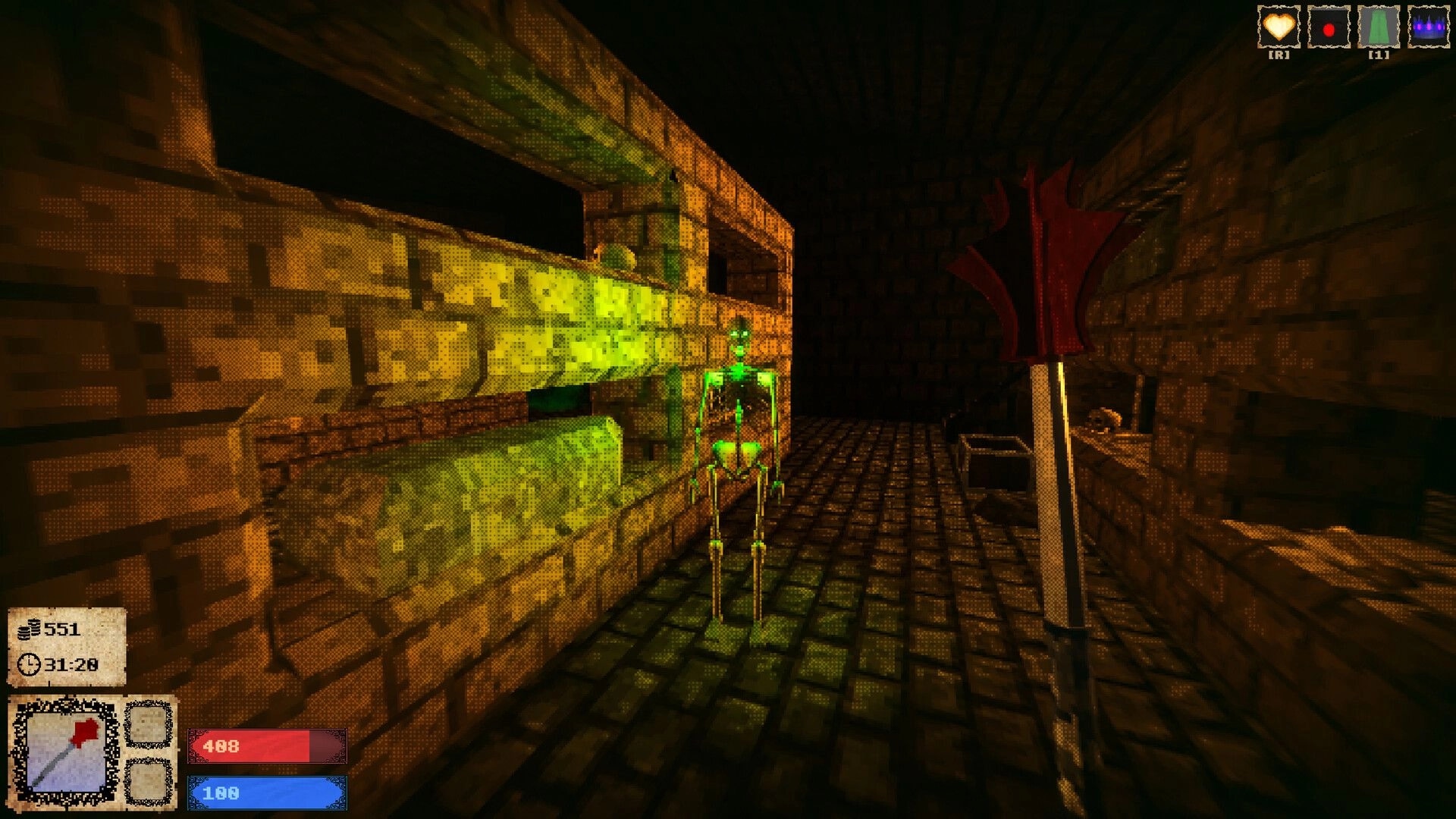 Catacrypt: Green-glowing skeleton enemy in stone hallway dungeon, HUD with minimap, health and mana bars.