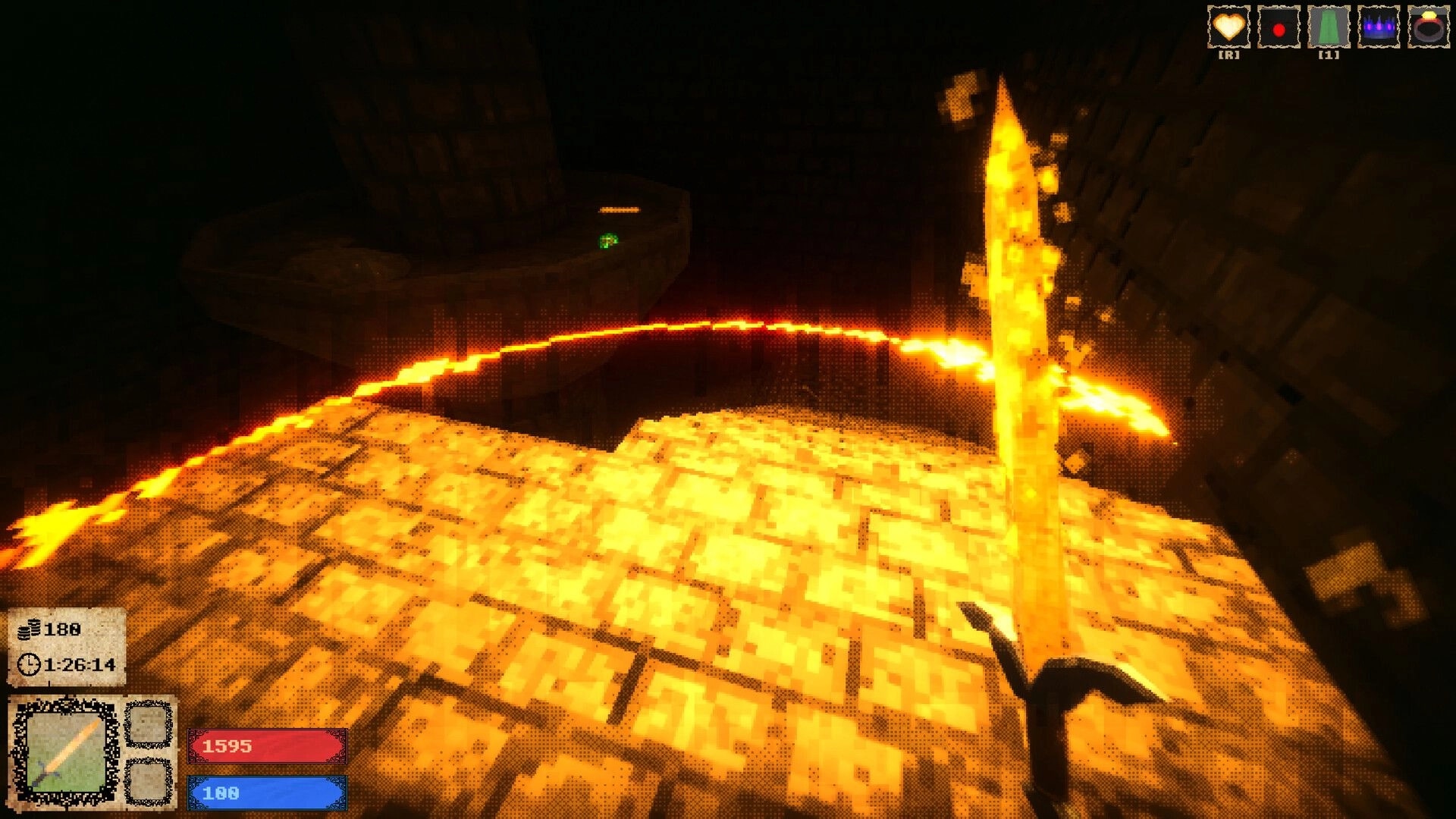 Catacrypt: First-person view on glowing stone platform over lava, HUD hearts and mana visible.
