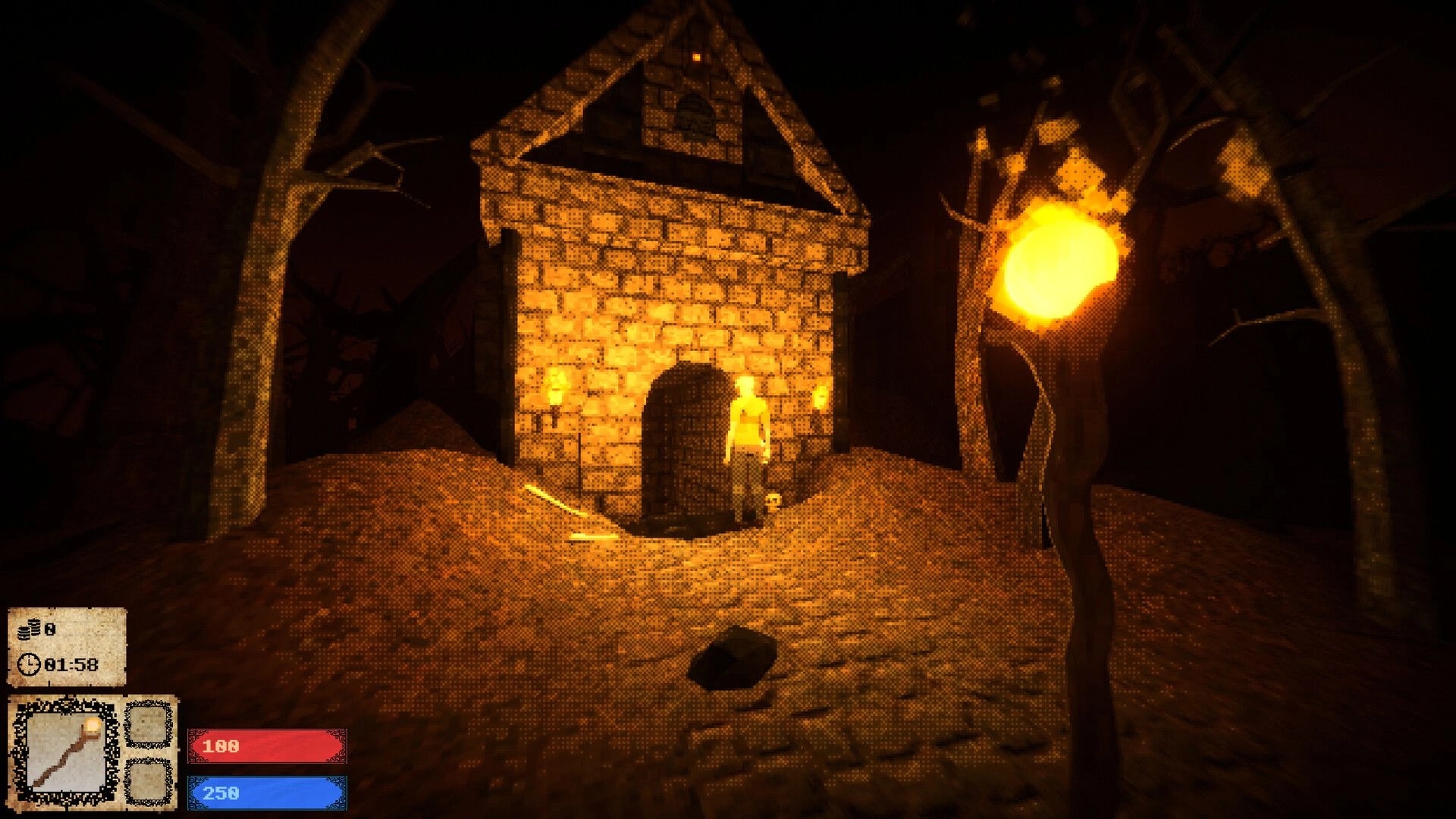 Catacrypt: Player stands by a stone tower door at night, torchlit woods, HUD with health and mana bars.