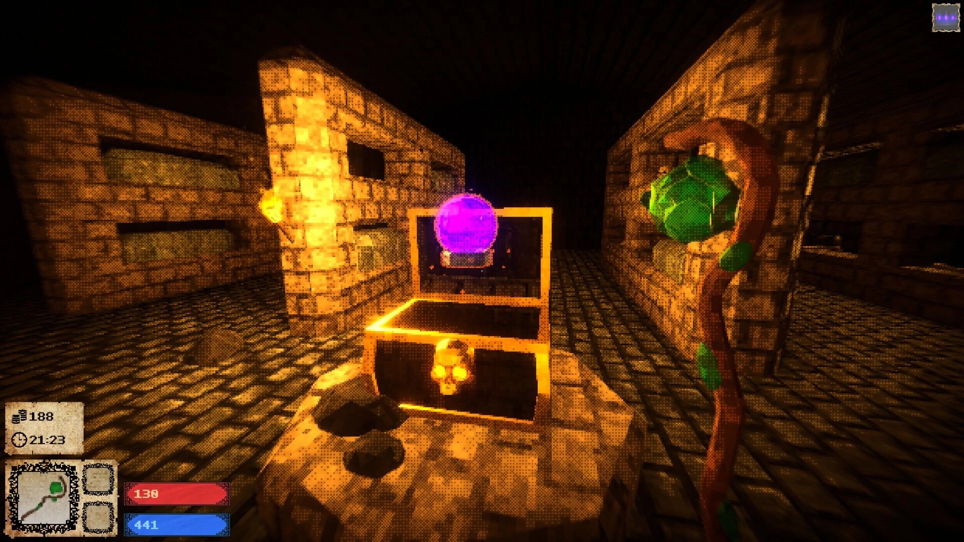 Catacrypt: Open treasure chest with glowing purple orb in torchlit stone dungeon corridor HUD visible.