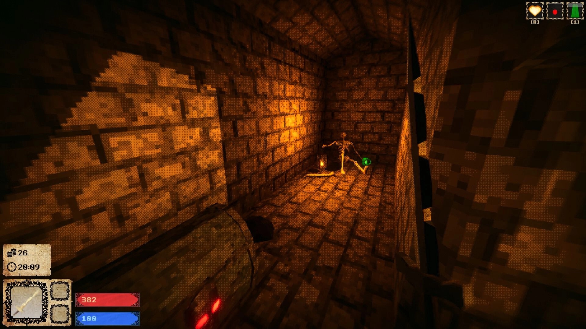 Catacrypt: First-person view aiming at a skeleton in torchlit brick corridor with HUD bars and icons.