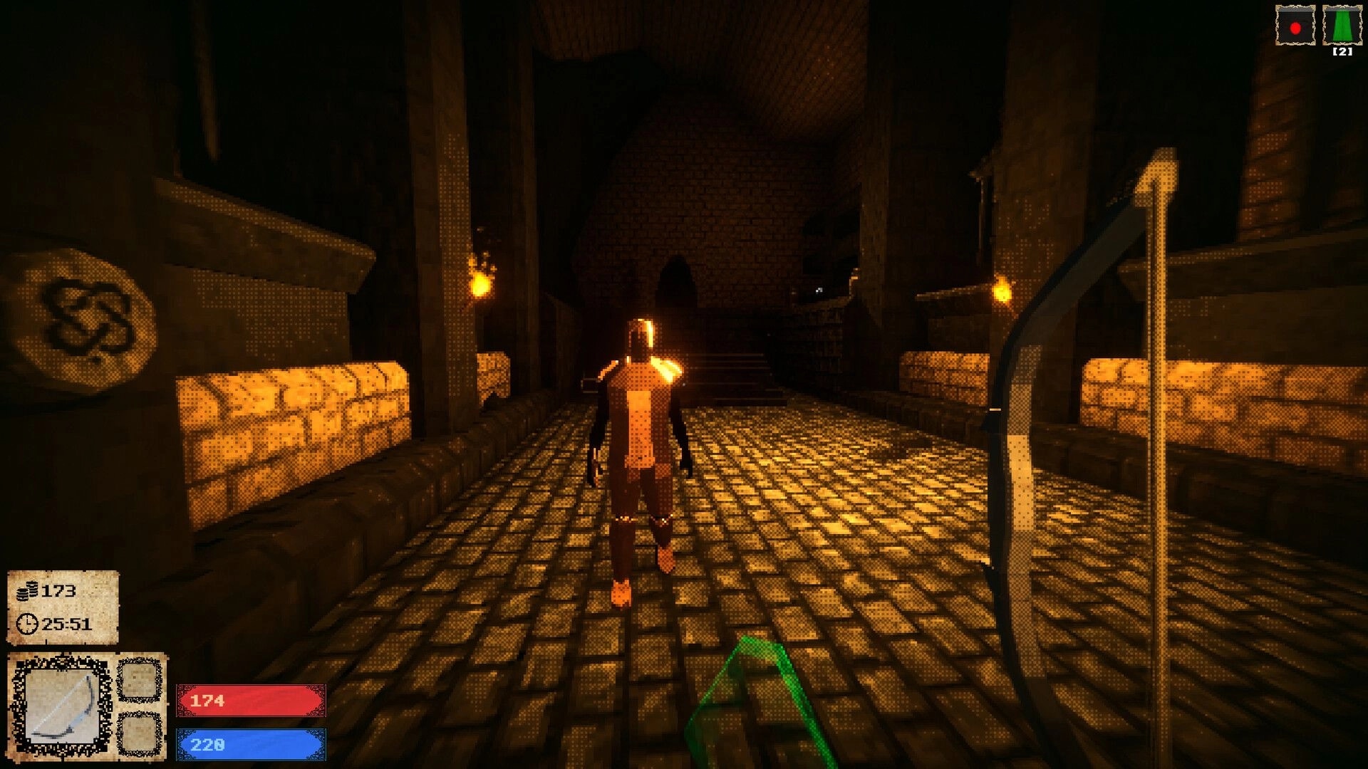 Catacrypt: Armored knight explores torchlit stone corridor with bow drawn, minimap and health UI visible.