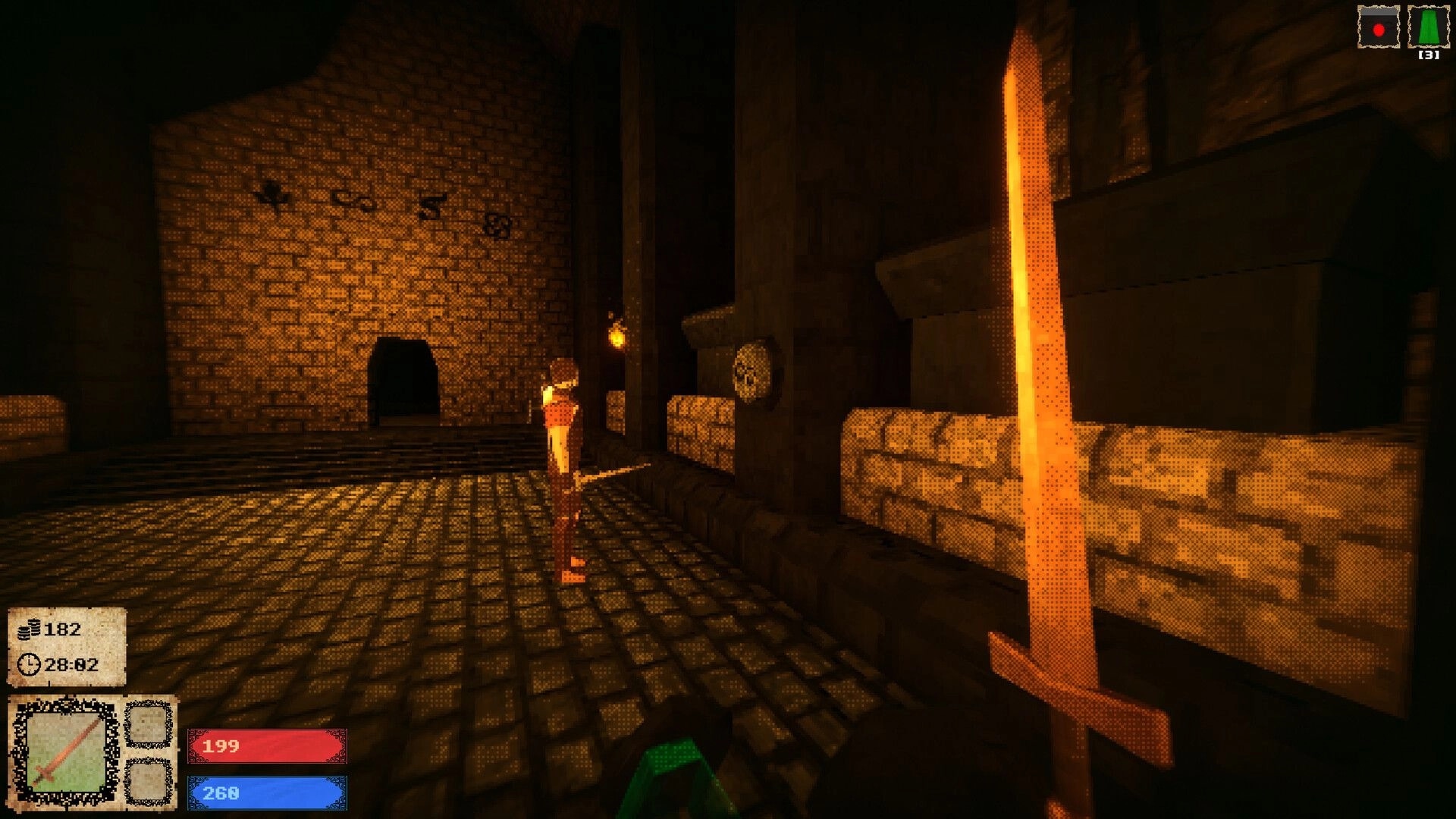 Catacrypt: First-person sword view in torchlit stone corridor with HUD bars, gold count, and timer.