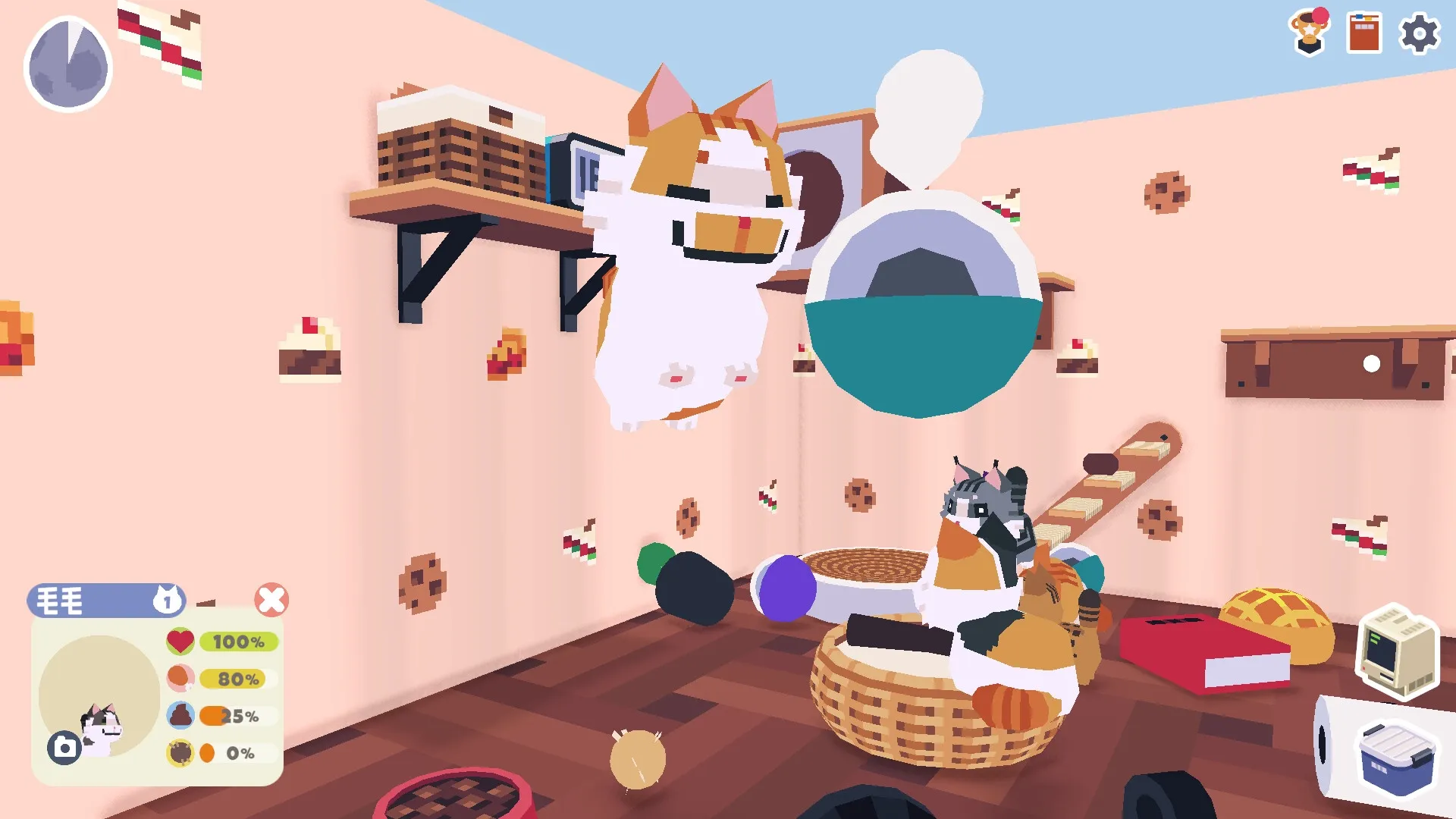 CatCat: Floating calico cat near shelves in cozy room with cake-themed walls and various items scattered