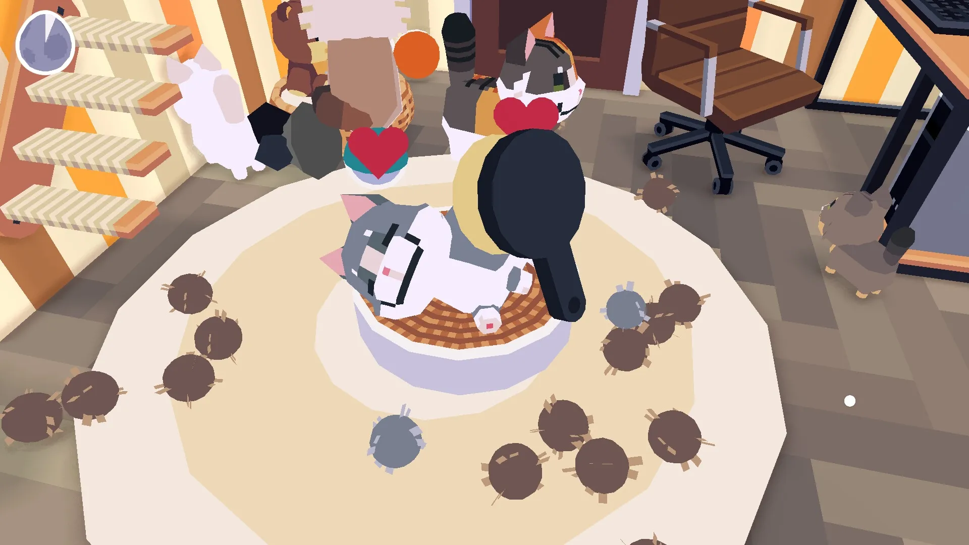 CatCat: Cats lounging on a circular rug surrounded by dust bunnies in a cozy room with striped walls