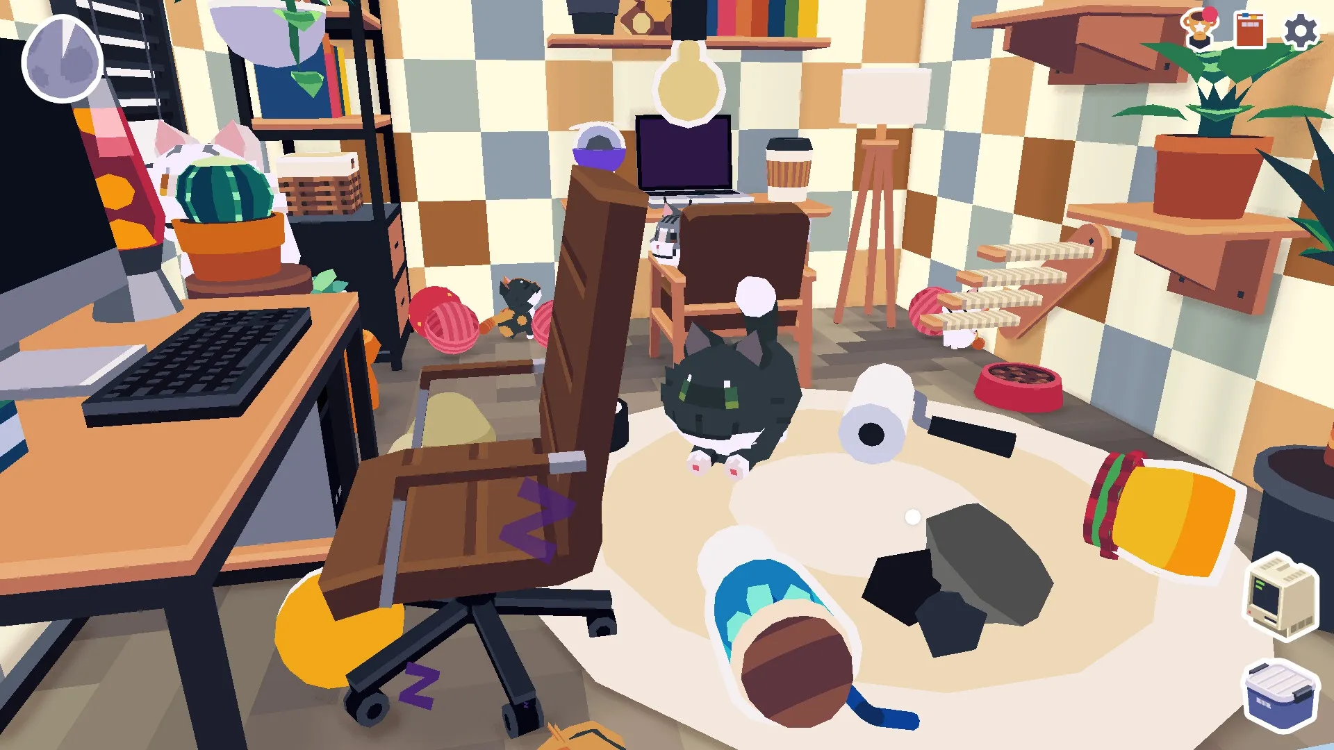 CatCat: Black cat sits among scattered toys and furniture in a cozy, cluttered home office space