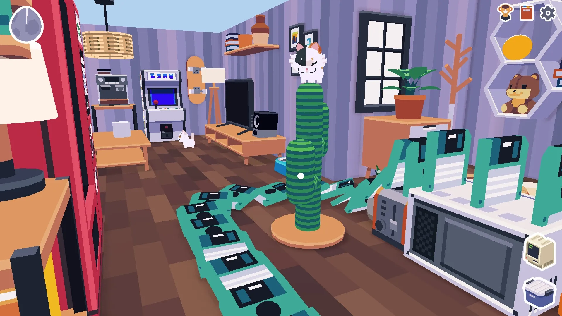 CatCat: Cat on a scratching post in a cozy room with arcade machine, TV, and decorative shelves