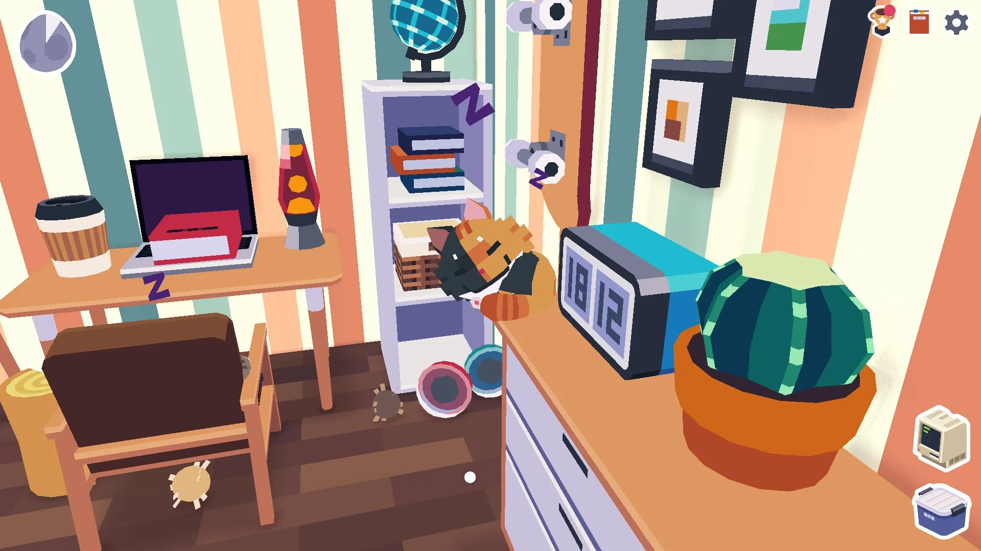 CatCat: Cat sleeping on shelf next to clock and cactus in cozy room with desk and striped wallpaper