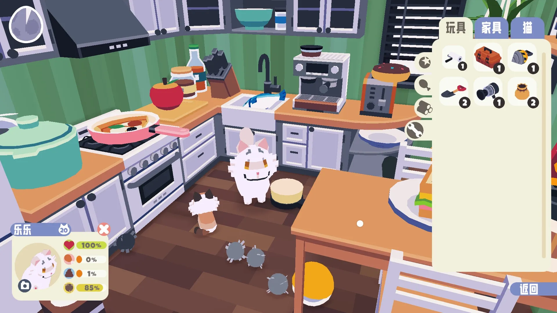 CatCat: Two cats in a cozy kitchen with a cooking area and inventory menu visible on the right
