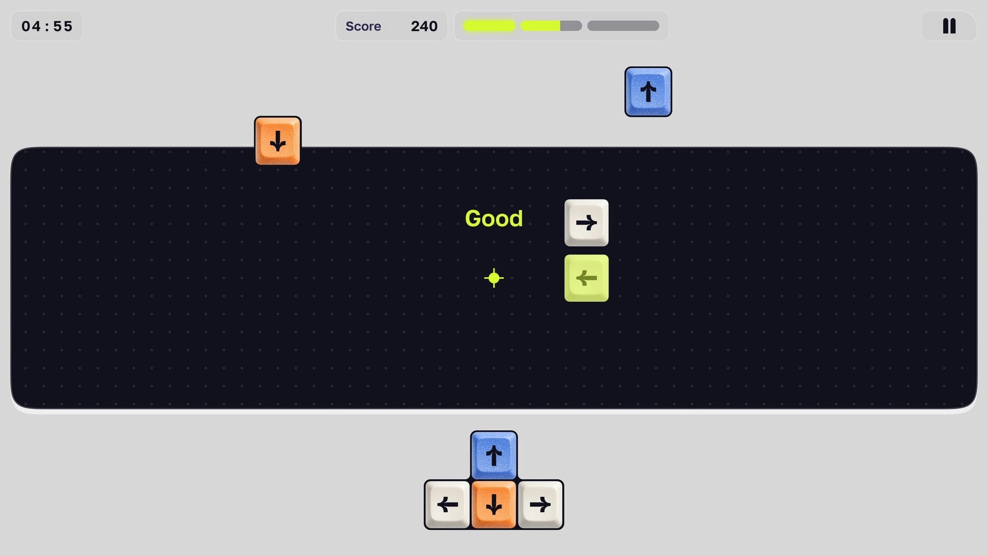 Catch the Light: Aim crosshair at arrow tiles with score and timer HUD on dark dotted practice board.