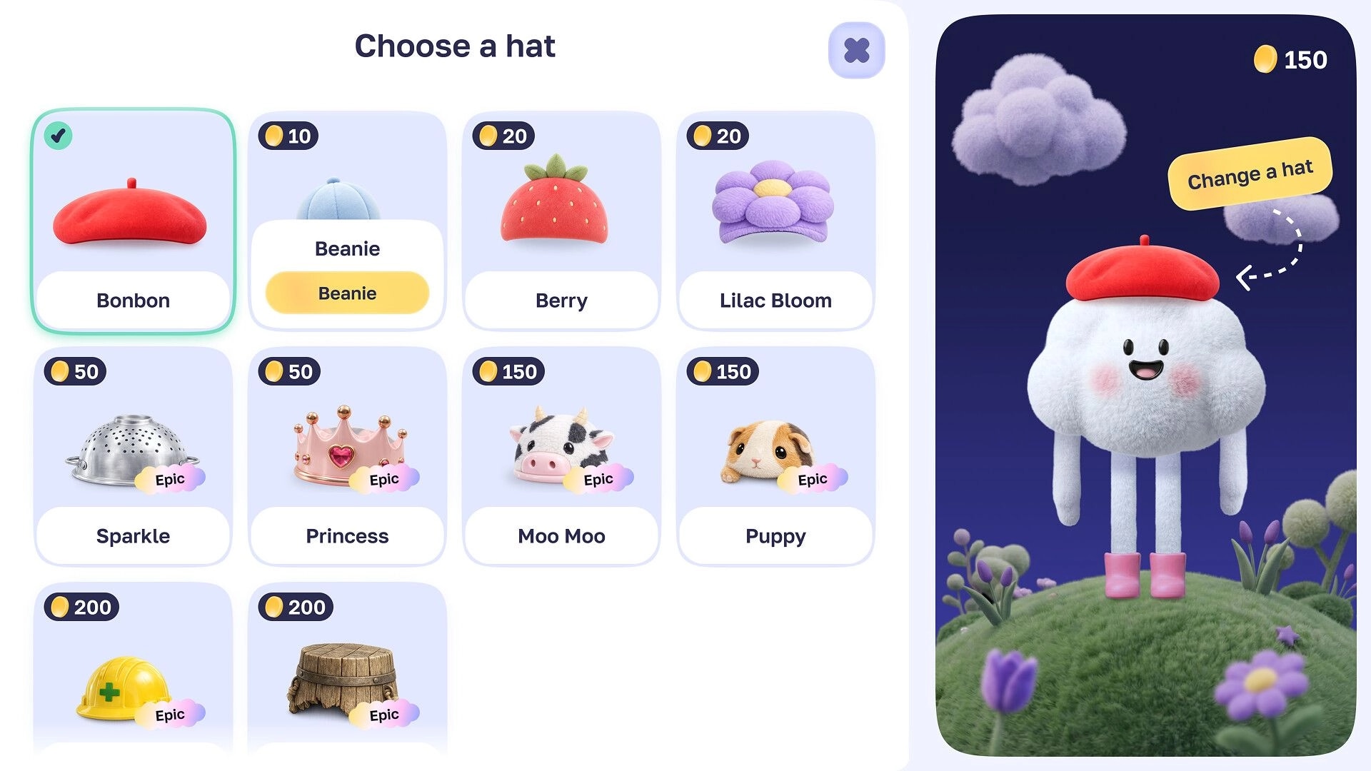 Catch the Light: Hat selection shop menu with coin prices, cloud avatar wearing red beret in garden scene.