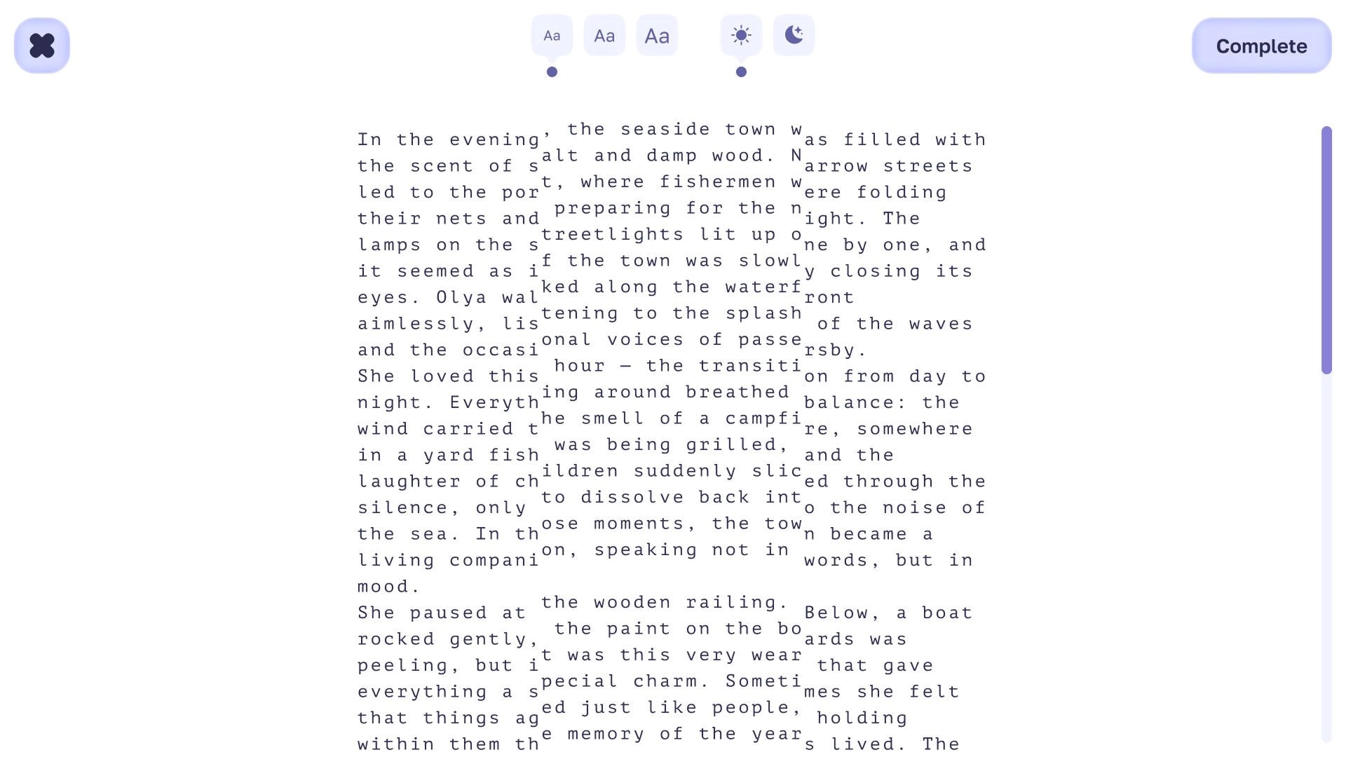 Catch the Light: Reading exercise with spaced letters, font and theme controls, and Complete button UI.