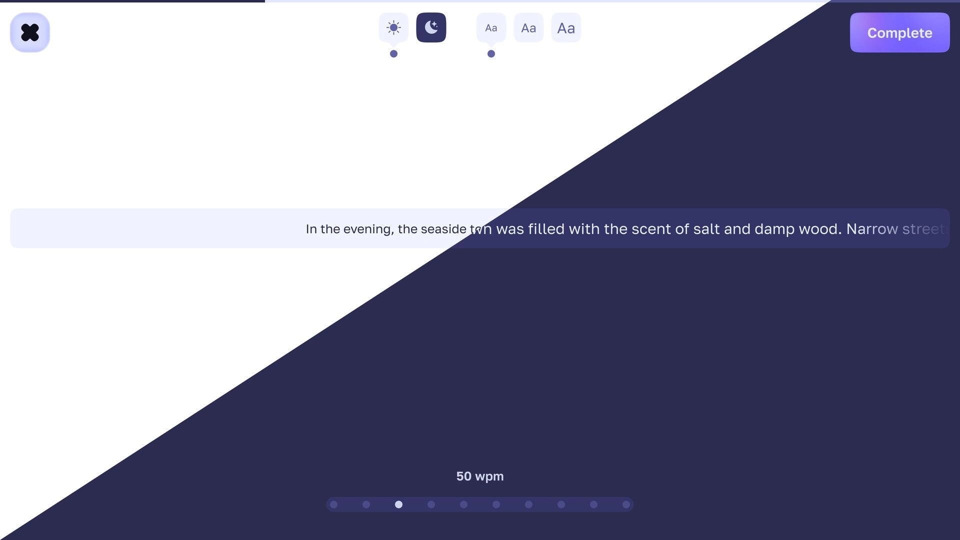 Catch the Light: Reading practice text bar with day/night and font size toggles on diagonal split screen.