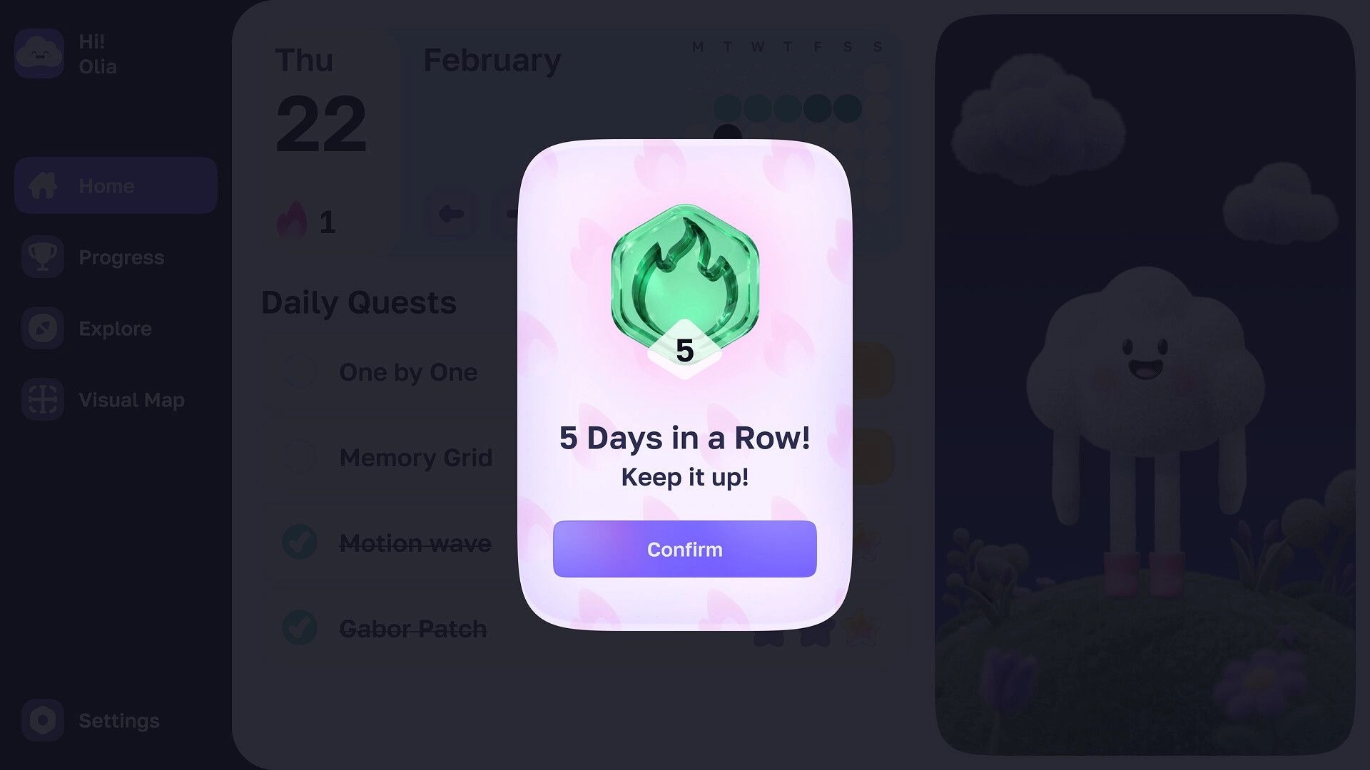Catch the Light: 5-day streak reward popup with green badge and Confirm button over daily quests menu.