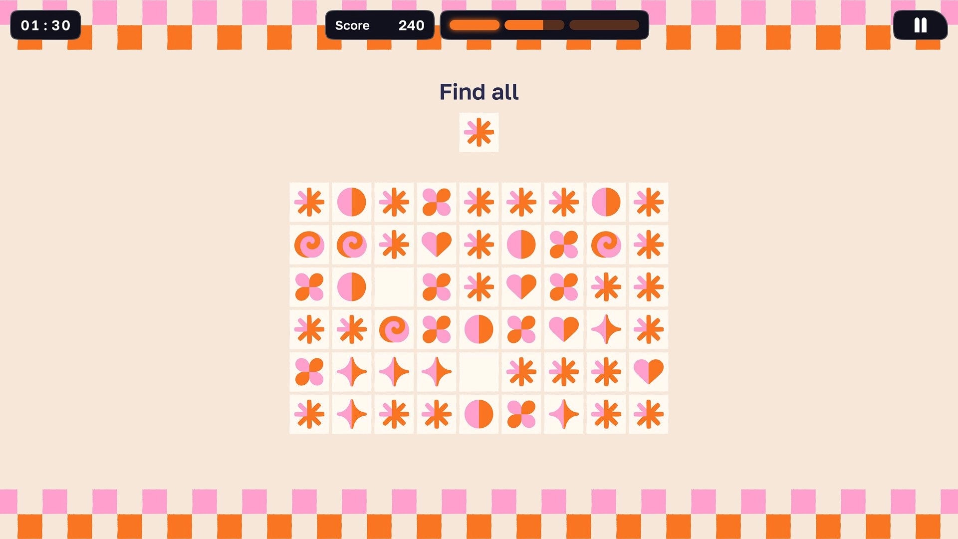 Catch the Light: Find all star icons in a pastel tile grid with timer, score bar, and pause button.