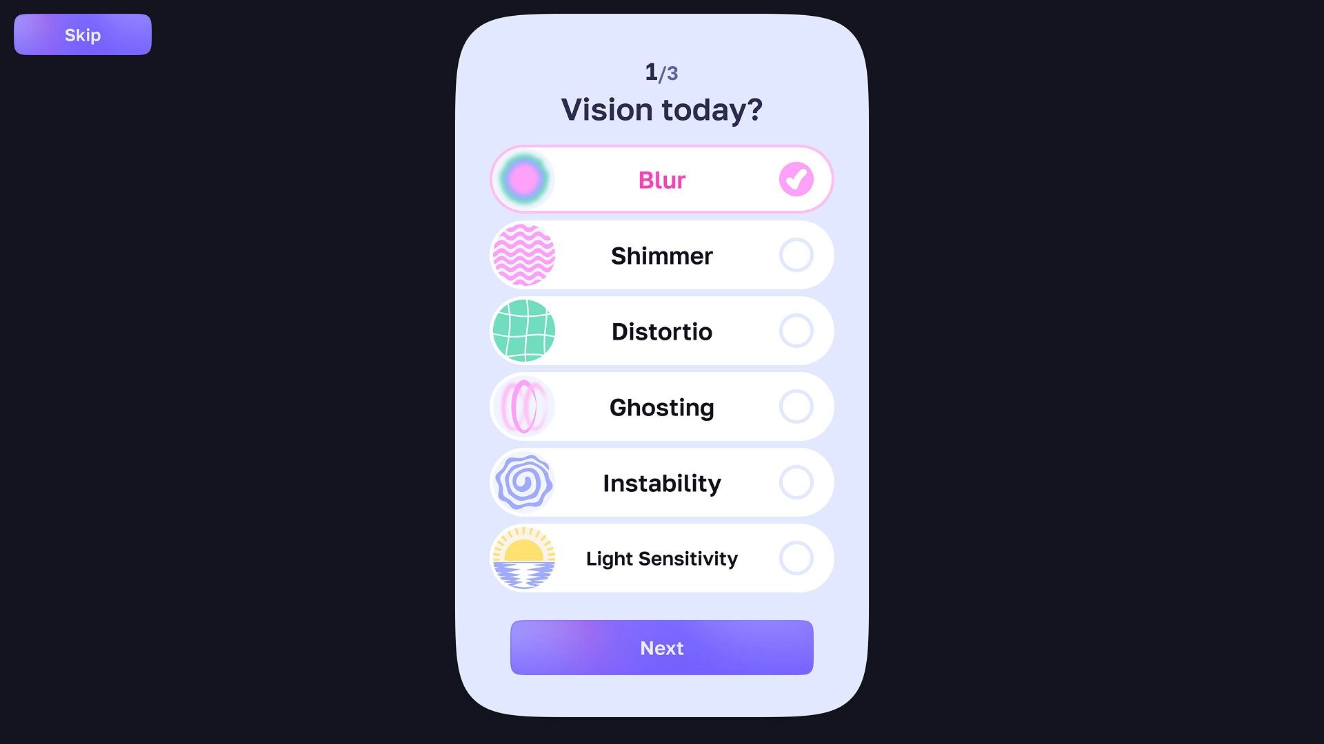 Catch the Light: Vision today survey menu selecting Blur, with Next button on dark background.
