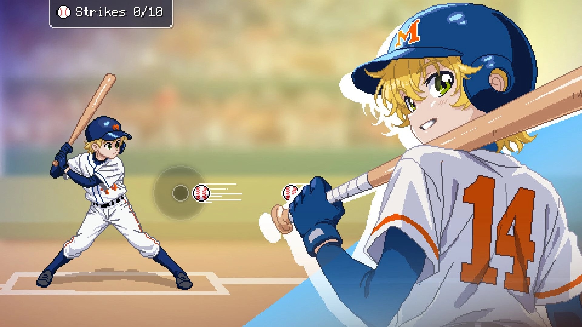 Catechesis: Baseball batting minigame with strikes 0/10 UI and a pitch flying toward the batter infield.