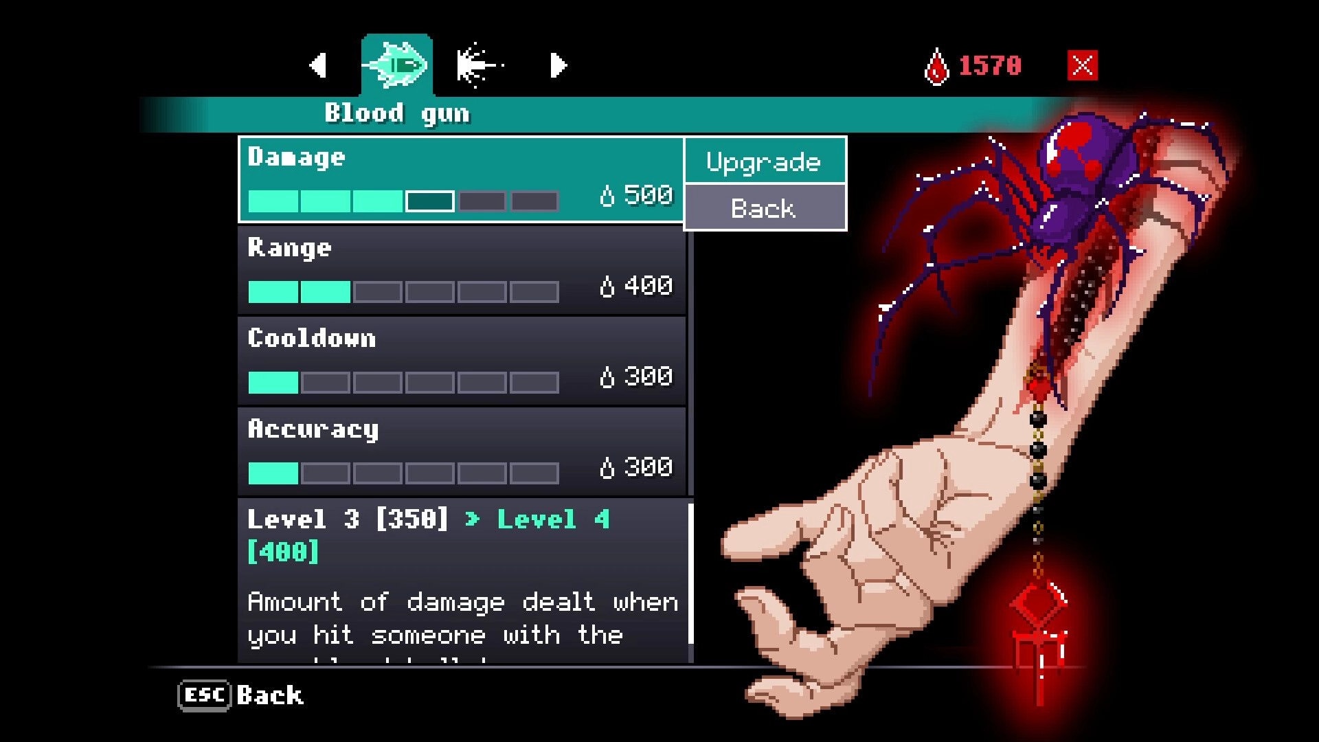 Catechesis: Blood gun upgrade menu with damage and range bars beside a demon hand weapon art.