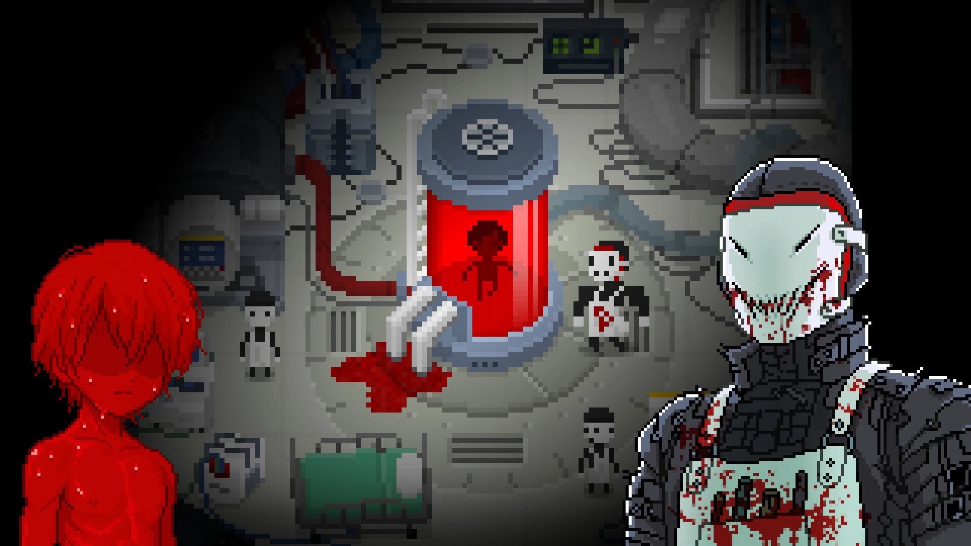 Catechesis: Blood-filled lab chamber with red tank and masked soldier portrait in grim facility.