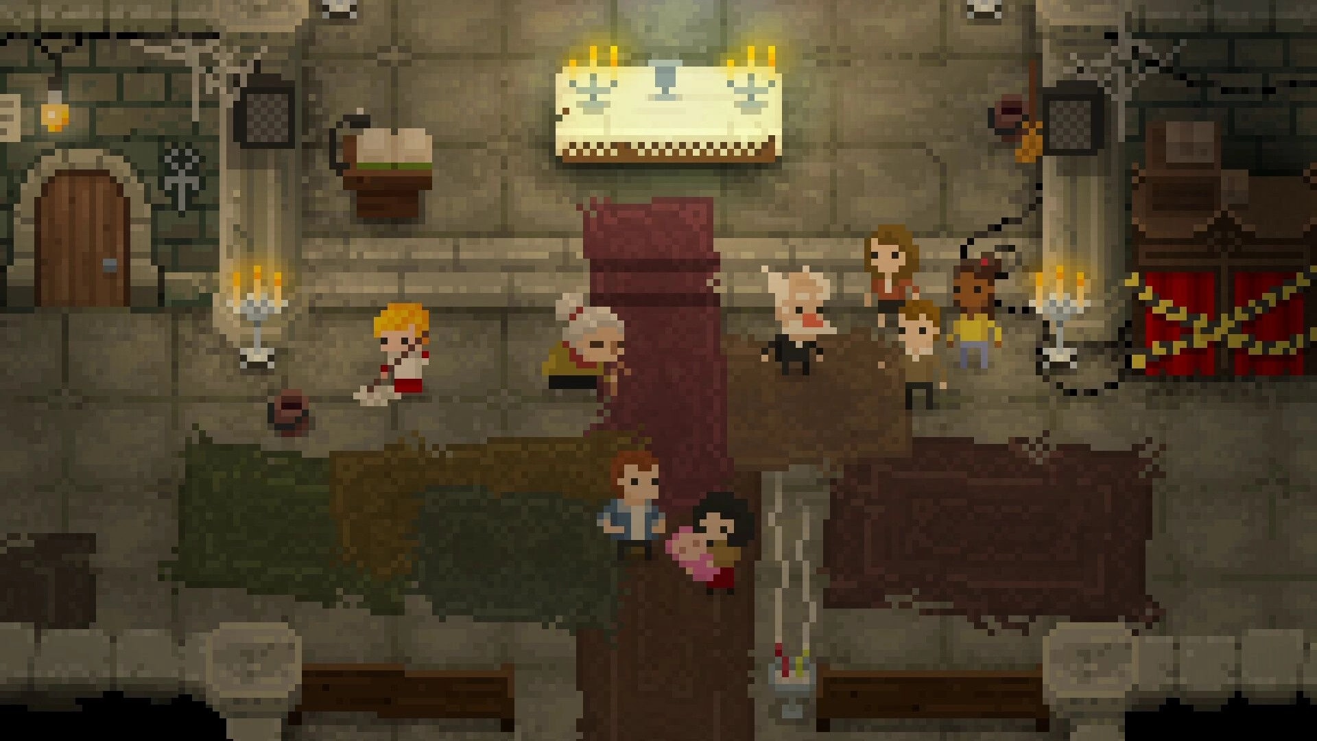 Catechesis: Pixel characters gathered in a candlelit stone church hall near altar and red drapes.
