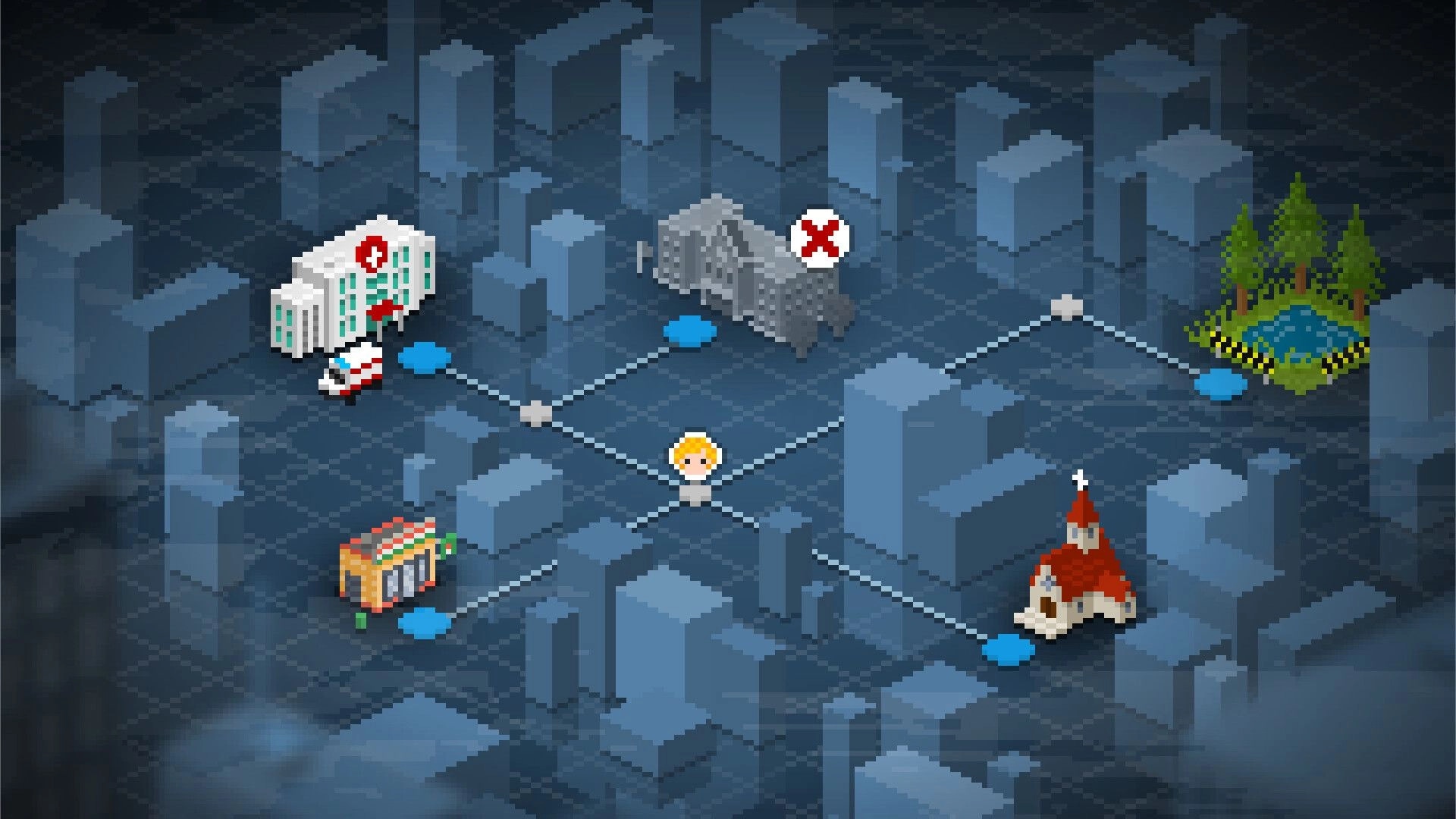 Catechesis: City map screen with a player marker and nodes linking hospital, shop, church, park.