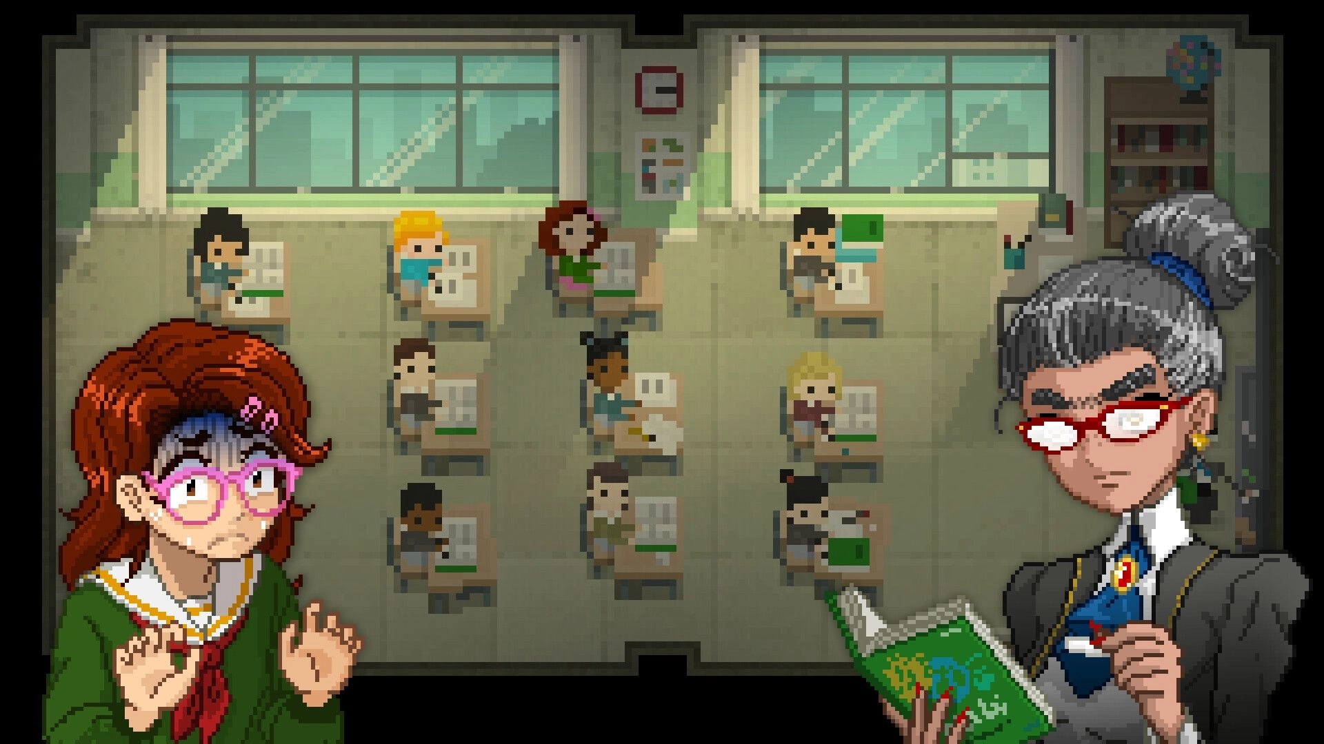 Catechesis: Classroom dialogue scene with student and stern teacher portraits over pixel art desks.