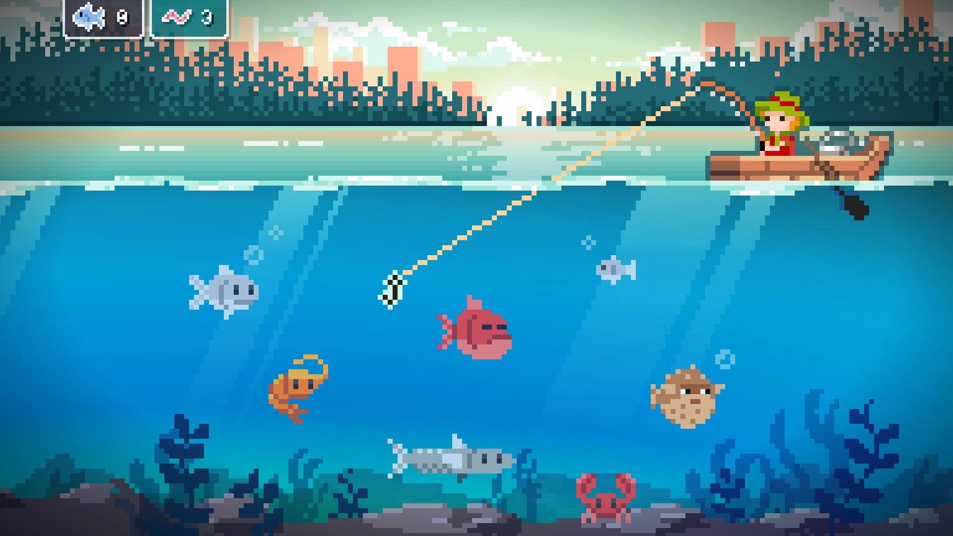 Catechesis: Pixel fishing minigame with bobber in water and fish icons, boat on lake at dusk.