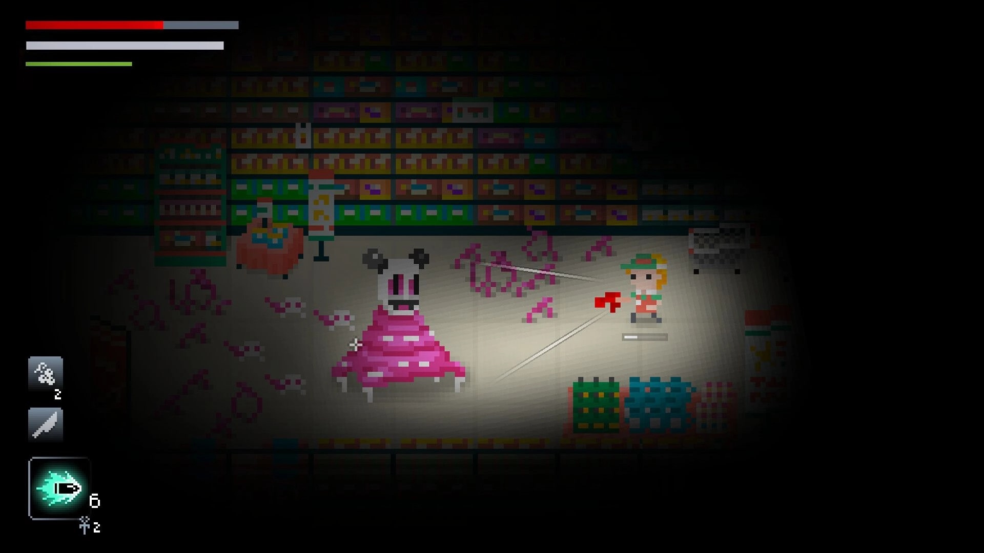 Catechesis: Player aims a ranged attack at a pink monster inside a dimly lit store aisle HUD visible.