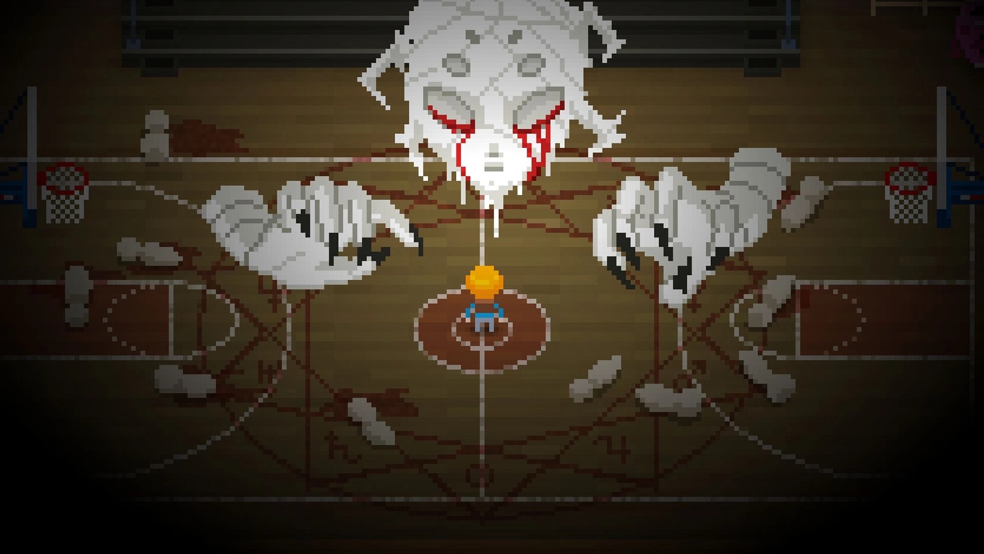 Catechesis: Pixel hero faces giant crying demon head on a blood-smeared basketball court arena.