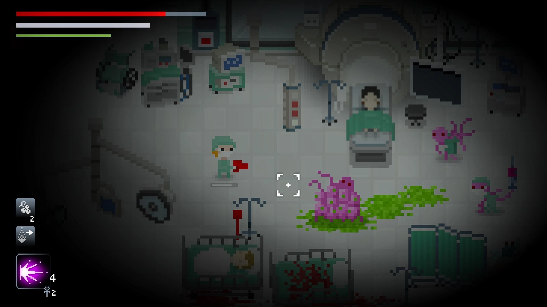 Catechesis: Top-down hospital combat with crosshair and health bars amid pink mutants and slime.